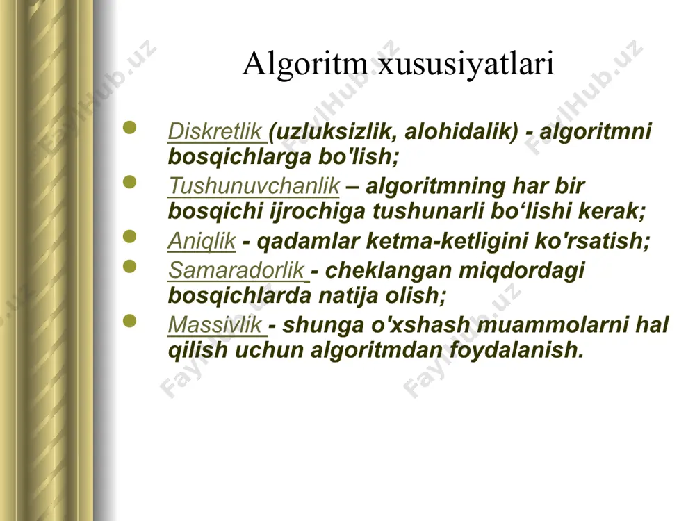 tm xususiyatlari; algoritmni yozish usullari; blok – algoritm diagrammasi; blok-sxemaning asosiy bloklarining maqsadi; chiziqli algoritm; tarmoqlanish tuzilmasi algoritmi; tarmoqlanish algoritmidagi shart. vazifa № 1. algoritmning tuzilishini aytib bering. agar a 1 = 4 va 2 = 9 bo'lsa, 10 nimaga teng bo'lishini ayting . ushbu blok - diagramma amalga oshiradigan vazifani tuzing. boshlash oxiri 1 , a 2 ni kiriting d = a 2 - a 1 a 10 = a 1 + d(n-1) xulosa a 10 boshlash 1 , a 2 ni kiriting 1-sonli vazifaga javob. chiziqli a 10 = 49, agar a 1 = 4 va 2 =9 bo'lsa. vazifani shakllantirish: blok - sxema arifmetik progressiyaning 10-chi hadini topish algoritmini amalga oshiradi. vazifa № 2. algoritmning tuzilishini aytib bering. agar a= 0, a=9 bo‘lsa, 10 qanchaga teng bo‘lishini ayting . ushbu blok - diagramma amalga oshiradigan vazifani tuzing. oxiri chiqish y boshlash kirish a a(a-2)≠0 y= bu ifoda …