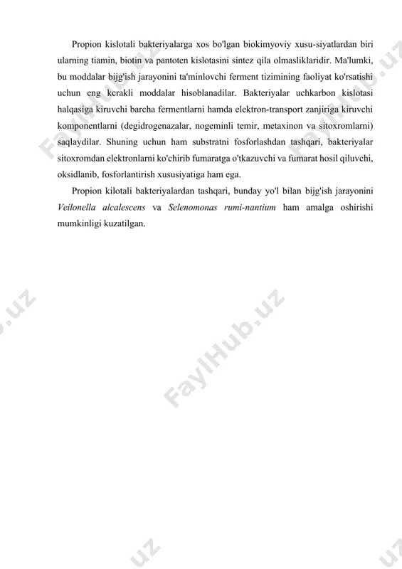raliq mahsulotdan c02 ajraub chiqadi. natijada propionil-koa hosil bo'ladi, c02 esa jarayonning dastlabki bosqichida faoliyat ko'rsatayotgan metilmalonil-koa-karboksitransferaza fermcntiga bog'lanadi. propionil-koa dan koa-transferaza fermenti koa ni suksinatga o'tkazganligi oqibatida propionat hosil bo'ladi. reaksiya muhitida propion kislotasi bilan bir vaqtda sirka kislotasi (u piravatdan hosil bo'ladi) hamto'planadi. bijg'ish jarayoni mo'tadil holatda o'tganda propion kislotasining sirka kislotasiga nisbati 9:1 ni tashkil etadi. propion kislotali bakteriyalarga xos bo'lgan biokimyoviy xusu-siyatlardan biri ularning tiamin, biotin va pantoten kislotasini sintez qila olmasliklaridir. ma'lumki, bu moddalar bijg'ish jarayonini ta'minlovchi ferment tizimining faoliyat ko'rsatishi uchun eng kcrakli moddalar hisoblanadilar. bakteriyalar uchkarbon kislotasi halqasiga kiruvchi barcha fermentlarni hamda elektron-transport zanjiriga kiruvchi komponentlarni (degidrogenazalar, nogeminli temir, metaxinon va sitoxromlarni) saqlaydilar. shuning uchun ham substratni fosforlashdan tashqari, bakteriyalar sitoxromdan elektronlarni ko'chirib fumaratga o'tkazuvchi va fumarat hosil qiluvchi, oksidlanib, fosforlantirish xususiyatiga ham ega. propion kilotali bakteriyalardan tashqari, bunday yo'l bilan bijg'ish jarayonini veilonella alcalescens va selenomonas rumi-nantium ham amalga oshirishi mumkinligi kuzatilgan. …