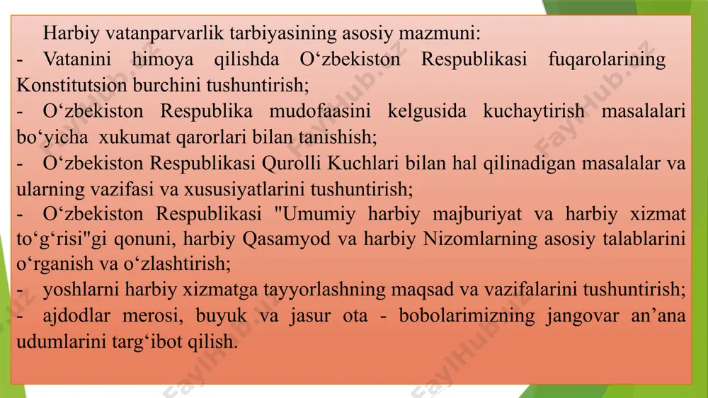 sinf rahbarlari va jamoat tashkilotlariga yoshlarni vatan himoyasiga tayyorlashda metodik va amaliy yordam beradi; 2.o‘quv jarayoni paytida o‘smirlarni chaqiriqqacha tayyorgarligi bo‘yicha dars beradi va darsdan tashqari vaqtda fakultativ dars olib boradi, o‘quv yurti direktori yordami bilan buning uchun zaruriy o‘quv jihozlar bazasini yaratadi; 3.umumiy ta’lim fanlari bilan chaqiriqqacha tayyorgarlikning fanlararo aloqasini ta’minlaydi; 4.harbiy vatanparvarlik bo‘yicha yetakchilarini tayyorlashga rahbarlik qiladi; 5.yosh arimiyachilar maktabi, harbiy texnika to‘garaklari ishlarini tashkil qiladi; 6.harbiy sport bayramlariga tayyorgarlik, safda yurish va qo‘shiqlar ko‘rigi, o‘quvchilarning yosh armiya mutaxassisligi bo‘yicha harbiy sport o‘yinlari, musobaqalari o‘tkazishga rahbarlik qiladi, bu ishni tashkil qilish uchun o‘qituvchilarni, ota onalarni, tayanch korxonalar jamoa a’zolarini jalb qiladi. shaxsan bir ikkita mudofaa to‘garaklarida yuqori sinf (kurs)larni qatnashtirib dars o‘tadi; 7.jismoniy tarbiya o‘qituvchisi bilan birgalikda o‘quvchilarni “salomatlik” me’yorlarini topshirishga tayyorlashni tashkil qiladi; 8.“vatanparvar” boshlang‘ich jamiyatiga yordam qiladi; 9.tuman mudofaa ishlari bo‘limi (mib), “vatanparvar” tuman qo‘mitasi, harbiy qism va bo‘linmalar bilan doimiy ish aloqasini ushlab turadilar; 10.harbiy …