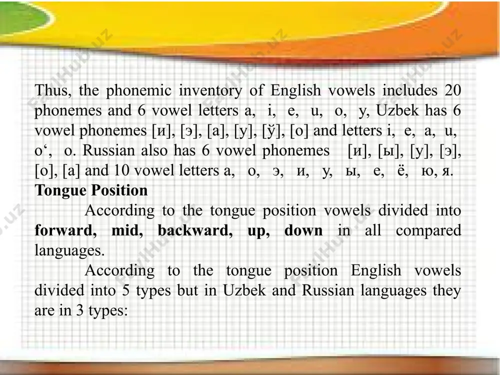 typological characteristics of english, uzbek and russian language phonetic system - Page 4