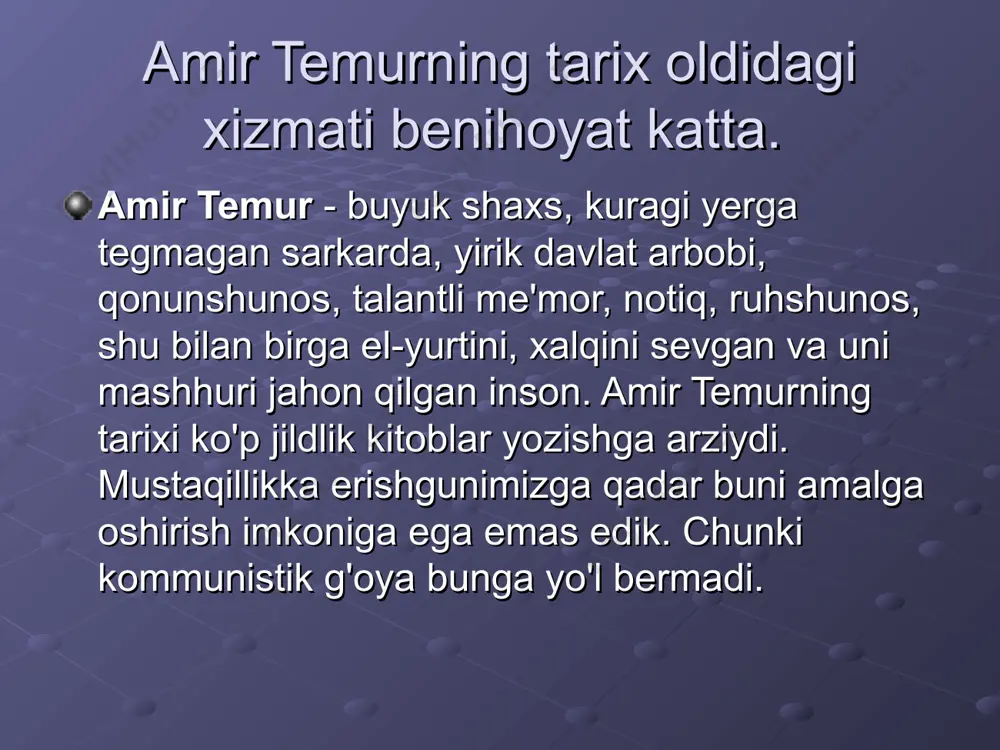 ubileyi jahon jamoatchiligi vakillari ishtirokida keng nishonlandi. “buxoro madaniy markazi” majmui va bu yerda amalga oshirilayotgan bunyodkorlik ishlari. yigirma besh asrdan ziyod tarixga ega buxoro jahon tamadduniga beqiyos hissa qo‘shgan ko‘hna va navqiron shaharlarimizdan biri. qadimdan ilmu ma’rifat, madaniyat maskani bo‘lgan bu go‘sha ta’rifi yetti iqlimga yoyilgan. mustaqillik yillarida buxoro viloyatida ham ulkan o‘zgarishlar yuz berdi. tub maqsadi inson manfaatlari ustuvorligiga qaratilgan ijtimoiy-iqtisodiy islohotlar natijasida viloyatning sanoat salohiyati yuksaldi, aholining turmush sharoiti yaxshilanib, shahar va qishloqlar tobora chiroy ochayotir. yaqinda barpo etilgan “buxoro madaniy markazi” majmui bu yerda amalga oshirilayotgan bunyodkorlik ishlarida alohida o‘rin tutadi. 107 gektardan iborat mazkur majmuada yirik inshootlar – 700 o‘rinli viloyat musiqali drama teatri, ikki ming tomoshabinga mo‘ljallangan amfiteatr, “ko‘hna va boqiy buxoro” monumenti qad rostladi. mazkur ob’ektlar buxoroning o‘ziga xos me’morchilik an’analari va zamonaviy arxitektura andozalari uyg‘unligida barpo etildi. qutlug‘ buxoro zamini qutlug‘ buxoro zaminidan abu ali ibn sino, narshaxiy, imom buxoriy, abdulxoliq g‘ijduvoniy, …