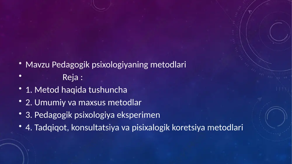 iologik, psixik va ijtimoy taraqqiyoti aniqlanadi). tashkiliy metodlar: taqqoslash, longityud va kompleks metodlari kiradi. taqqoslash–umumiy psixologiya, ijtimoiy psixologiya, pato- psixologiya va defektologiyada keng qo‘llaniladi. yosh va pedagogik psixologiyada o‘rganilayotgan psixik jarayonlarning dinamikasini aniqlash uchun qo‘llaniladi. longityud – (uzluksiz) uzoq vaqt davomida ayni bir xil kishilar o‘rganiladi. kompleks – psixologik tadqiqotlar boshqa fanlar metodlari ishtirokida o‘tkaziladi. (shaxsning jismoniy, fiziologik, psixik va ijtimoy taraqqiyoti aniqlanadi). empirik metodlar: kuzatish va o‘z-o‘zini kuzatish; eksperimental psixodiagnostika metodlari (test, anketa, suhbat, sotsiometriya, intervyu); faoliyat natijalarini tahlil qilish; biografiya metodlari ma’lumotlarni qayta ishlash metodlari: miqdoriy (statistika) va psixologik yoki sifatiy tahlil turlariga bo‘linadi. sharhlash metodlari: genetik va “donalash” metodlari. genetik metodda taraqqiyotdagi bosqich, pog‘onalar, inqiroz holatlari ajratib ko‘rsatiladi (vertikal aloqa). donalash metodida esa shaxsning barcha xarakteristikalari o‘rtasidagi “gorizontal” aloqalar aniqlanadi. yosh va pedagogik psixologiyada tadqiqot o‘tqazishning quyidagi 4- bosqichi ajratib ko‘rsatiladi: 1.tayyorgarlik bosqichi. 2.tadqiqot (eksperiment) bosqichi. 3.ma’lumotlarni qayta ishlash bosqichi. 4.ma’lumotlarni tushuntirib berish bosqichi. birinchi bosqich – …