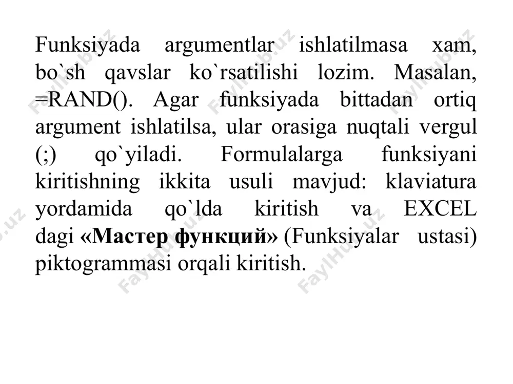 diagramma varag‘i) tanlanadi. «готово» tugmasi bosilgandan keyin diagramma yaratiladi. yaratilgan diagrammani formula sifatida ham qurish mumkin. agar diagrammani qurishda ishlatilgan ma’lumotlarga o‘zgartirishlar kiritilsa, diagramma ham o‘zgaradi. tayyor diagramma, tanlash va o‘zgartirish mumkin bo‘lgan, qator elementlardan iborat. tanlangan element markerlar yordamida belgilanadi. markerda sichqonchaning o‘ng tugmasini bosib, kontekst menyuda «формат» punkti tanlanadi va ochilgan «формат» muloqot oynasi yordamida diagramma elementining mazmunini va bezatilishini o‘zgartirish mumkin bo‘ladi. image1.png image2.png image3.png image4.png image5.png image6.png image7.png image8.png image9.png image10.png image11.png image12.emf kutubxonadagi kitoblar 2000 2500 2000 2020 3000 20002000 15001500 2000 0 500 1000 1500 2000 2500 3000 3500 informatikamatematikafizikakimyohamshiralik ishi akusherlik ishi ingliz tilirus tilibiologiyaanatomiya ряд1 /docprops/thumbnail.jpeg
