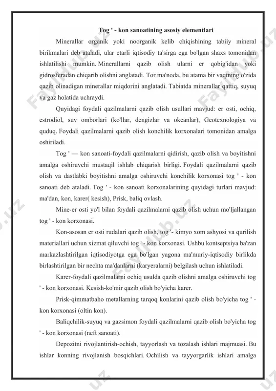 qazilmalarni qazib olish bo'yicha tog ' - kon korxonasi (neft sanoati). depozitni rivojlantirish-ochish, tayyorlash va tozalash ishlari majmuasi. bu ishlar konning rivojlanish bosqichlari. ochilish va tayyorgarlik ishlari amalga oshiriladi. amalga oshirilgan ishlarning so'yilishi tayyorgarlik deb ataladi. mineralni qazib olish (qazib olish) uni yo'q qilishning turli usullarini qo'llagan holda, tozalash so'yish joylarida olib boriladi. bu er osti va ochiq kon ishlarida ham qattiq foydali qazilmalar uchun ham amal qiladi. er osti qazib olish er osti qazilmalari tarmog'ini amalga oshirish zarurati bilan bog'liq bo'lib, unda qazib olingan minerallar sirtga ko'chiriladi (shakl. 1.1). ko'mir qazib olishda eng keng tarqalgan mexanik halokat usuli, ma'danlarni qazib olishda — portlovchi. qazib ko'mir tog ' - kon kazıyıcı yoki kamar konveyörler tomonidan tashiladi, aravalari elektr lokomotiv yoki vince, shuningdek oluklar yoki quvurlar o'z og'irligi ta'siri ostida. ba'zi konlarda suv oqimidagi ko'mirning harakatlanishi quvurlar yoki oluklar orqali amalga oshiriladigan gidrotransport ishlatiladi. konlarda ma'danlarni qazib olish uchun ma'danlarni qazib …