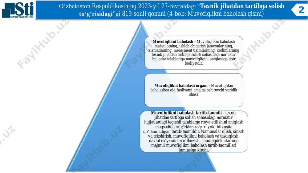 vofiqlikni baholash qismi) 3 muvofiqlikni tasdiqlash shakllari muvofiqlikni tasdiqlash texnik reglamentlarda yoki muvofiqlikni baholash qoidalarida belgilangan muvofiqlikni baholash tartib- taomillarini qo‘llash orqali amalga oshiriladi. texnik reglamentlarda belgilangan muvofiqlikni majburiy ravishda tasdiqlash quyidagi shakllarda amalga oshiriladi muvofiqlikni deklaratsiya qilish majburiy sertifikatlashtirish muvofiqlikni tasdiqlash majburiy yoki ixtiyoriy ravishda bo‘lishi mumkin. muvofiqlikni ixtiyoriy ravishda tasdiqlash ixtiyoriy sertifikatlashtirish shaklida amalga oshiriladi o‘zbekiston respublikasining 2023-yil 27-fevraldagi “texnik jihatdan tartibga solish to‘g‘risidagi”gi 819-sonli qonuni (4-bob: muvofiqlikni baholash qismi) 4 o‘zbekiston respublikasining 2023-yil 27-fevraldagi “texnik jihatdan tartibga solish to‘g‘risidagi”gi 819-sonli qonuni (4-bob: muvofiqlikni baholash qismi) 5 мувофиқликни мажбурий равишда тасдиқлаш маҳсулотнинг техник регламентлар талабларига мувофиқлигини тасдиқлаш орқали таъминланади. фақат ўзбекистон республикаси ҳудудида муомалага чиқарилаётган маҳсулотгина мувофиқликни мажбурий равишда тасдиқлаш объекти бўлиши мумкин. мувофиқлик тўғрисидаги декларация ва мувофиқлик сертификати тенг юридик кучга эга ҳамда мувофиқлик тўғрисидаги декларациянинг ёки мувофиқлик сертификатининг амал қилиши вақтида муомалага чиқариладиган маҳсулотга нисбатан маҳсулотнинг яроқлилик муддати ёхуд хизмат муддати давомида ўзбекистон республикасининг бутун ҳудудида …