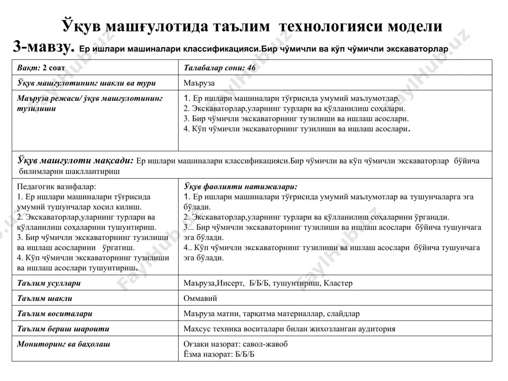 талабалар сони: 46 ўқув машғулотининг шакли ва тури маъруза маъруза режаси/ ўқув машғулотининг тузилиши 1. ер ишлари машиналари тўғрисида умумий маълумотлар. 2. экскаваторлар,уларнинг турлари ва қўлланилиш соҳалари. 3. бир чўмичли экскаваторнинг тузилиши ва ишлаш асослари. 4. кўп чўмичли экскаваторнинг тузилиши ва ишлаш асослари. ўқув машғулоти мақсади: ер ишлари машиналари классификацияси.бир чўмичли ва кўп чўмичли экскаваторлар бўйича билимларни шакллантириш педагогик вазифалар: 1. ер ишлари машиналари тўғрисида умумий тушунчалар хосил килиш. 2. экскаваторлар,уларнинг турлари ва қўлланилиш соҳаларини тушунтириш. 3. бир чўмичли экскаваторнинг тузилиши ва ишлаш асосларини ўргатиш. 4. кўп чўмичли экскаваторнинг тузилиши ва ишлаш асослари тушунтириш. ўқув фаолияти натижалари: ер ишлари машиналари тўғрисида умумий маълумотлар ва тушунчаларга эга бўлади. экскаваторлар,уларнинг турлари ва қўлланилиш соҳаларини ўрганади. .. бир чўмичли экскаваторнинг тузилиши ва ишлаш асослари бўйича тушунчага эга бўлади. . кўп чўмичли экскаваторнинг тузилиши ва ишлаш асослари бўйича тушунчага эга бўлади. таълим усуллари маъруза,инсерт, б/б/б, тушунтириш, кластер таълим шакли оммавий таълим воситалари маъруза матни, …