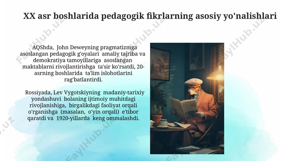 ahalliy til va adabiyotning o'rgatilishi, milliy madaniyatning saqlanishiga hissa qo'shgan. maktab tizimining islohotlari 1917-yilgi inqilobdan keyin o'rta osiyoda maktablar soni sezilarli darajada oshdi, biroq ularning aksariyati qishloq joylarda 3-4 yillik boshlang'ich ta'limni ta'minladi. samarqand va buxoro kabi yirik shaharlardagi maktablar, milliy tilga qo'shimcha ravishda, rus tilida ta'lim bera boshladi, bu esa 10-15 yoshli o'quvchilar uchun yangi imkoniyatlar yaratdi. yangi pedagogik texnologiyalar rossiyada 1905 yildagi inqilobdan so'ng, ta'lim tizimida demokratik islohotlar amalga oshirildi va yangi pedagogik texnologiyalarni joriy etishga 30% ga yaqin mablag' ajratildi. 20-asr boshlarida yangi pedagogik texnologiyalar o'qitishda o'quvchilarning faol ishtirokini ta'minlashga, masalan, amerika qo'shma shtatlarida keng tarqalgan loyiha usullarini qo'llashga qaratilgan edi. an'anaviy pedagogikaning o'rni va ta'siri 20-asr boshlarida rossiya imperiyasi hududida, jumladan turkistonda, an'anaviy pedagogika asosan diniy maktablar va mahalliy o'qituvchilarga tayangan holda 3-7 yoshdan bolalarga qur'on va diniy bilimlarni o'rgatishga qaratilgan edi. an'anaviy pedagogikaning ta'siri, 1900-yillar atrofida samarqand va buxoro kabi yirik shaharlarda, 100 dan ortiq …