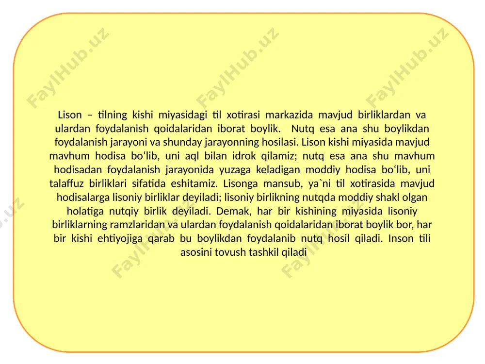 azmun tizimi. madaniyatshunoslik komponenti, ya’ni tilga qiziqishni oshirishni, samarali vositasi bo‘lgan madaniyatning o‘zlashtirilishi darajasi. shaxs komponenti, ya’ni individual, har bir insonda mavjud bo'lgan komponent lisoniy shaxsning boshqa konsepsiyalari ham mavjud. masalan, ular quyidagi komponentlami tashkil qiladi: • gapiruvchi inson - faoliyatlaridan bin nutq faoliyati bo‘lgan shaxs; • lisoniy shaxs — o‘zini nutq faoliyatida namoyon qiluvchi, ma’lum bilimlar va tasawurlar majmuasiga ega bo‘lgan shaxs; • nutq shaxsi — fikr almashinishida o‘zini namoyon qiladigan, munosabatning u yoki bu strategiyasi yoki taktikasini, vositalar repertuarini tanlaydigan va amalga oshiradigan shaxs; • kommunikativ shaxs - real kommunikatsiyada ishtirok etuvchi aniq kommunikativ harakat ishtirokchisi. lisoniy shaxs tarkibi 2 qismdan iborat lisoniy qism kommunikativ qism lisoniy shaxsni shakllantirish modeli metodik yondashuv nuqtai nazardan ifodalangan (o‘qitish usullarini umumlashtirish asosida lisoniy shaxsni qayta yaratish), ya’ni lisoniy shaxs qadriyatlari ierarxiyasini shakllantirish orqali o‘qitish tajribasi asosida qayta qurishda ifodalangan. lisoniy shaxsni qayta qurishga maqsadli yondashuv o‘qitish narijalariga erishishdan, ya’ni nutq malakalarini, …