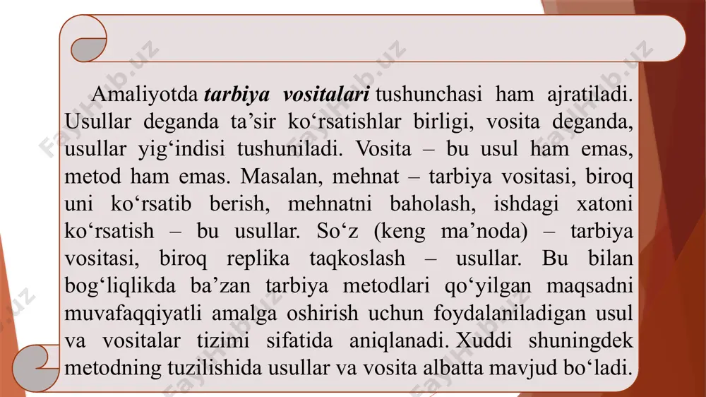 ʻliq. tarbiya metodlarini toʻgʻri tanlash tarbiya vazifalarini ijobiy hal qilishda oʻquvchilarning oʻz-oʻzini tarbiyalash faolligini oshirishga yordam beradi. masalan, oʻqituvchi birinchi sinf oʻquvchilari bilan ishlash jarayonida oʻquvchilarni ular uchun yangi boʻlgan mehnat faoliyatini oʻrgatishda oʻquvchilarning xulq-atvor qoidalarini, ularda kun tartibi aniq boʻlishi muhimligini, ularga oʻquvchilarning qat’iy tartibga amal qilishi zarurligini tushuntirish metodidan foydalanadi. tushuntirish bilan bir qatorda sinfga toʻgʻri kirib kelishga, ularni oʻqituvchi va oʻquvchilar bilan salomlashishga, tartib-intizomni saqlashga mashq qildirib boradi. shuning bilan birgalikda birinchi sinf oʻquvchilarini yuqoridagi jarayonlarga dars vaqtida odatlantirib boradi. bu jarayonda ularning amalga oshirgan ijobiy ishlari, oʻquv ishi natijalari ragʻbatlantirib borishni taqozo etadi. koʻrinib turibdiki, oʻqituvchi oʻquvchilar bilan tarbiya jarayonini olib borganda turli xil usul va metodlarni qoʻllaydi. tarbiya metodlarining xilma-xilligi ularni turlarga ajratish, tasnif qilish zarurligini koʻrsatadi. shuning uchun ularning alohida xususiyatlarini hisobga olib guruhlarga ajratish mumkin. tarbiyaviy natijalarga erishishni istagan har bir oʻqituvchi (tarbiyachi) tarbiya metodlari va ularning mohiyatini puxta oʻzlashtirib olish maqsadga muvofiqdir. …