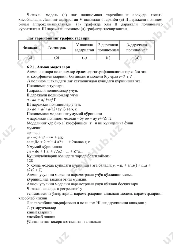 endogen (izohlovchi) o'zgaruvchi o'zgaradigan o'rtacha davrni o'zida namoѐn etadi. o'rtacha lag kattaligi kancha yuqori bo'lsa, ekzogen omilning endogen omilning o'zgarishiga moslashishi uchun shuncha uzoq davr zarur. lagning median qiymati t vaqt lahzasidan ekzogen o'zgaruvchining endogen o'zgaruvchiga umumiy ta'sirining yarmi amalga oshiriladigan davrni hisoblab chiqishni nazarda tutadi. ekzogen (izoxdanuvchi) belgi lag va joriy qiymatlarining ta'sir etish kuchi turlicha. regressiya koeffitsientlari ѐrdamida turli vaqt lahzalariga taalluqli bo'lgan endogen (u) va ekzogen (x xt, xp)o'zgaruvchilar o'rtasidagi bog'liqlikning kuchi miqdoriy jihatdan o'lchanadi. olingan koeffitsientlarning lag kattaligigava uning tarkibiga bog'liqligini grafik shaklida namoѐn etish mumkin. chiziqli model (a) lag polinomial tarkibining alohida xolati hisoblanadi. lagning ag'darilgan v shaklidagi tarkibi (v) ii darajali polinom bilan approksimatsiyalanadi. (g) grafikda ham ii darajali polinomlar ko'rsatilgan. iii darajali polinom (d) grafikda tasvirlangan. lag tarkibining grafik tasviri chiziqli geometrik v shaklda agdarilgan 2-darajali polinomial 3-darajali polinomial (a) (b) (v) (g) (d) 6.2.1. almon modellari almon laglari polinomlar ѐrdamida ta'riflanadigan tarkibga …