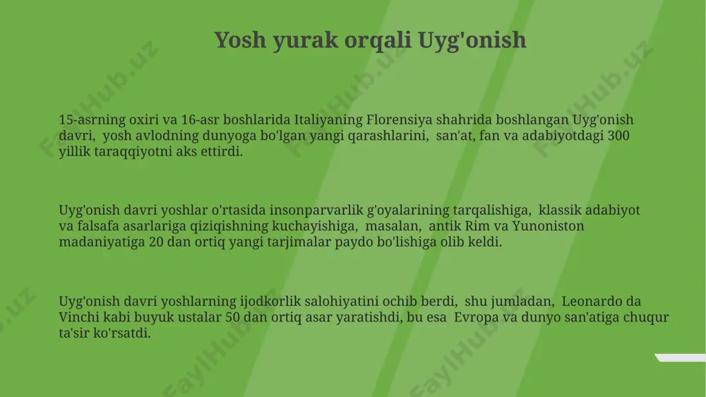 opaga taʼsir koʻrsatgan. uyg'onish davrining ijtimoiy hayot uyg'onish davri italiyasida 1400-yillardan boshlab, klassik ta'limga qiziqish kuchayib, rim va yunon madaniyatiga asoslangan yangi maktablar va universitetlar soni 2 barobar ko'paydi. uyg'onish davrida 15-16-asrlar davomida, evropaning turli shaharlarida, qo'lda ishlangan buyumlar va hunarmandchilikka talab 50% ga o'sdi, bu esa o'rta sinfning rivojlanishiga turtki bo'ldi. xvi asrda italiyaning florensiya shahrida, boy oilalar orasida humanist g'oyalar tarqalib, ijtimoiy hayotda yangi adabiyot va san'atga bo'lgan qiziqish 30% ga oshdi. e'tiboringiz uchun rahmat @taqdimot_robot
