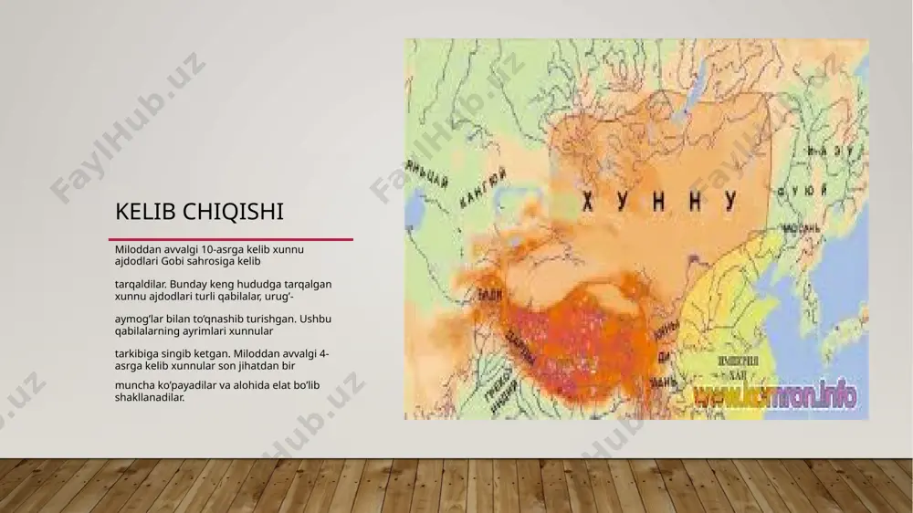 rni (shimoliy kavkazdagi koʻchmanchi qabilalar) bosib oladi. xunlarning zarbasi ostidagi keyingisi harmanarik boshchiligidagi ostrogotlar qirolligi edi. ostrogotlar hujumga dosh bera olmadilar va qirollik quladi, germanarikning o’zi shohligini saqlab qola olmay, o’z joniga qasd qildi. hunlarning tahdidini bilib, vesigot qabilalari frakiyaga chekinishga majbur bo’ldilar. v asrning boshlariga kelib, hunlar ko’p sonli qabilalarni bosib olib, ularga katta soliq to’lashdi, ular orasida: sarmatlar, ostgotlar, bulgarlar, gepidlar va boshqalar. ularning barchasi nafaqat soliqqa tortilgan, balki hunlar tomonida harbiy yurishlarda qatnashishga majbur bo’lgan. image2.jpeg image3.jpeg image4.jpeg image5.jpeg image6.jpeg image7.jpeg image1.jpg