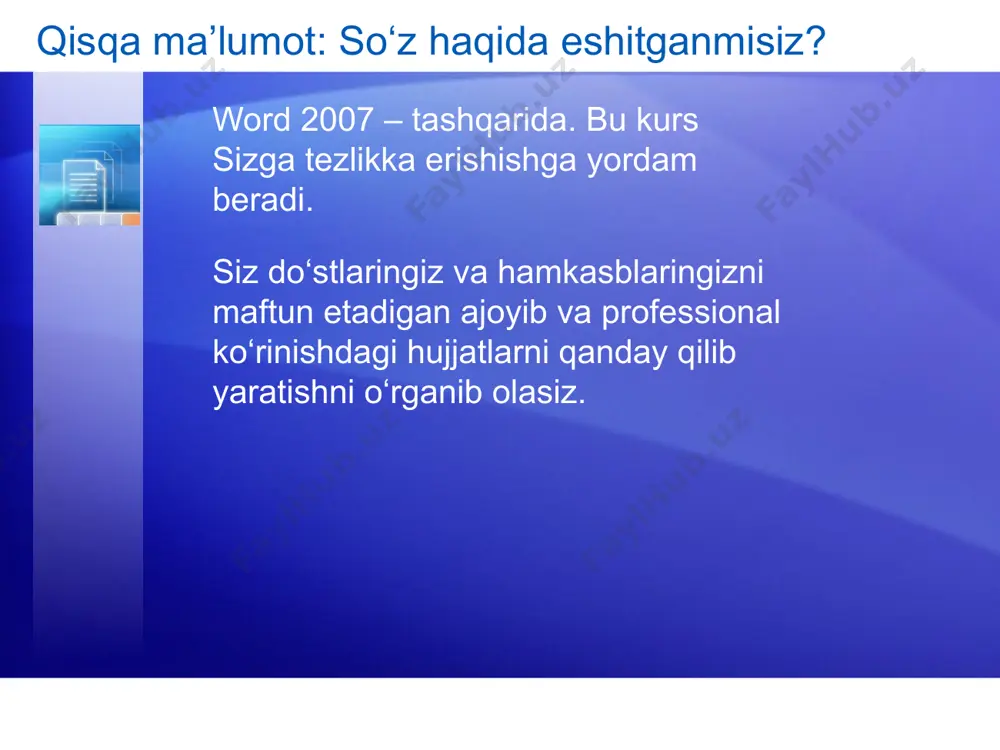 chun effektlar 10 qo‘shimcha ilovalar paydo bo‘ladi ma’lum ilovalar faqat sizga ular kerak bo‘lgan paytdagina paydo bo‘ladi. rasmni tanlang. rasmlar bilan ishlash paydo bo‘ladi. format ilovasini cherting. rasmlar bilan ishlash uchun, rasm uslublari guruhiga o‘xshagan qo‘shimcha guruhlar va buyruqlar paydo bo‘ladi. ularni axtarib yurishingiz shart emas. uning o‘rniga: home rasmlar bilan ishlash format rasm uslublari rasm shakli rasm chegaralari rasm uchun effektlar 11 rasmdan tashqariga chertsangiz, rasmlar bilan ishlash g‘oyib bo‘ladi va boshqa guruhlar o‘z joyiga qaytadi. eslatma: talab bo‘yicha paydo bo‘ladigan vositalar jadvallar, chizmalar va diagrammalarga o‘xshagan boshqa harakat maydonlarida ham paydo bo‘ladi. kichkina vositalar paneli ba’zi formatlash buyruqlari shunchalik foydaliki, nima qilayotganingizdan qat’iy nazar siz ulardan erkin foydalanishni istaysiz. aytaylik, siz biror matnni tezda formatlashni istaysiz, lekin siz sahifalar belgilanishi ilovasida ishlayapsiz. formatlash parametrlarini ko‘rish uchun siz uy ilovasiga chertishingiz ham mumkin, lekin bu ishning tezkorroq usuli ham mavjud. sahifalar belgilanishi a23b 12 kichkina vositalar paneli ba’zi formatlash …
