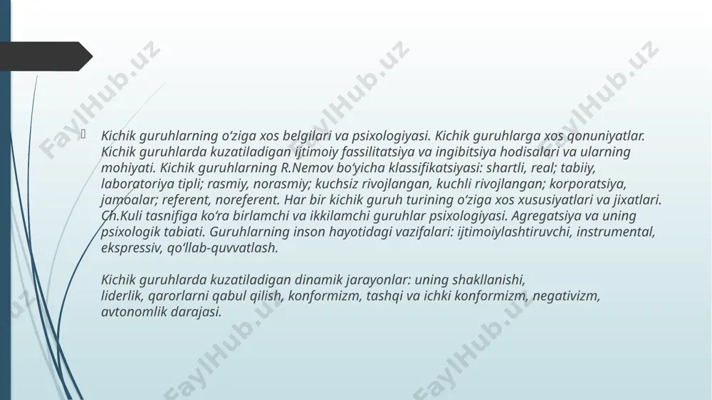 a’zolarining soni toq bo‘lsa, ular o‘rtasidagi o‘zaro munosabatlar juft bo‘lgan holdagidan ancha yaxshi bo‘ladi. shundan bo‘lsa kerak, boshqaruv psixologiyasida odamlarni biror nimaga saylashda va umuman rasmiy tanlovlarda guruhdagi odamlar soni toq qilib olinadi. beshinchidan, shaxsning guruh taz’yiqiga berilishi va bo‘ysunishi ham guruh a’zolarining soniga bog‘liq. guruh soni 4-5 kishi bo‘lgunga qadar, uning ta’siri kuchayib boradi, lekin undan ortib ketgach, ta’sirchanlik kamayib boradi. masalan, ko‘chada sodir bo‘lgan baxtsiz hodisaning guvohlari soni ortib borgan sari, jabrlanganga yordam berishga intilish, masuliyat hissi pasayib boradi.bu qonuniyatlarni bilish, tabiiy guruhlarni boshqarish ishini ancha yengillashtiradi. tarixan kichik guruhlarni rasmiy va norasmiy turlarga bo‘lish qabul qilingan. bunday bo‘linishni amerikalik olim e. meyo taklif etgan edi. uning fikricha, rasmiy guruh:;ar bir a’zolarning rasmiy rollarga ega ekanligi, ular mavqeining va guruhda tutgan o‘rnining aniqligi bilan harakterlanadi. bunday guruhlarda munosabatlar asosan ''vertikal" tarzda ro‘y berib, guruhning bir yoki bir necha a’zosida ''hokimiyat" bo‘lganligi uchun ham, ular boshqalarni boshqarish, ularga buyruq, …