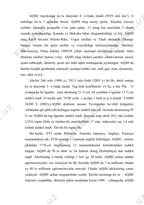 bo`lib, hozirda aqsh da 7 ta millioner shahar va 40 ta millioner aglomerasiyalar mavjud. ularda aqsh aholisining yarmi yashaydi. aqsh uchun megopolislar xosdir. davlat tuzumiga ko`ra – aqsh federativ respublika. ikkinchi jahon urushidan keyin 1990 – yillargacha aqsh dunyoda militarizmning markazlaridan biri bo`lgan va bir qator harbiy-siyosiy bloklarga bosh bo`lgan. masalan, nato, seato, anzyus, sento. aqsh da qonun chiqaruvchi organ – aqsh kongresi, kongres vakillar palatasi va senatdan iborat. siyosiy partiyalari: 1. respublikachilar partiyasi. 2. demokratik partiya. 3. kommunistik partiya. aqsh xix asrning oxiridayoq sanoat mahsulotining hajmi bo`yicha buyuk britaniyadan o`zib ketib dunyoda birinchi o`ringa chiqib oldi va hamon birinchi o`rinda. aqsh sanoatning deyarli barcha sohalari bo`yicha dunyoda etakchi, ayniqsa aviaraketa – kosmos, hisoblash texnikasi, harbiy, aes lar quvvati va h.k. aqsh sanoati yuksak darajasi, ishlab chiqarish va xududiy konsenrasiyasi (to`planganligi) bilan ajralib turadi. masalan, michigan (avto), kaliforniya (kosmos), texas (kimyo), arizona (makka) va h.k. aqsh da barcha sanoat tarmoqlari …