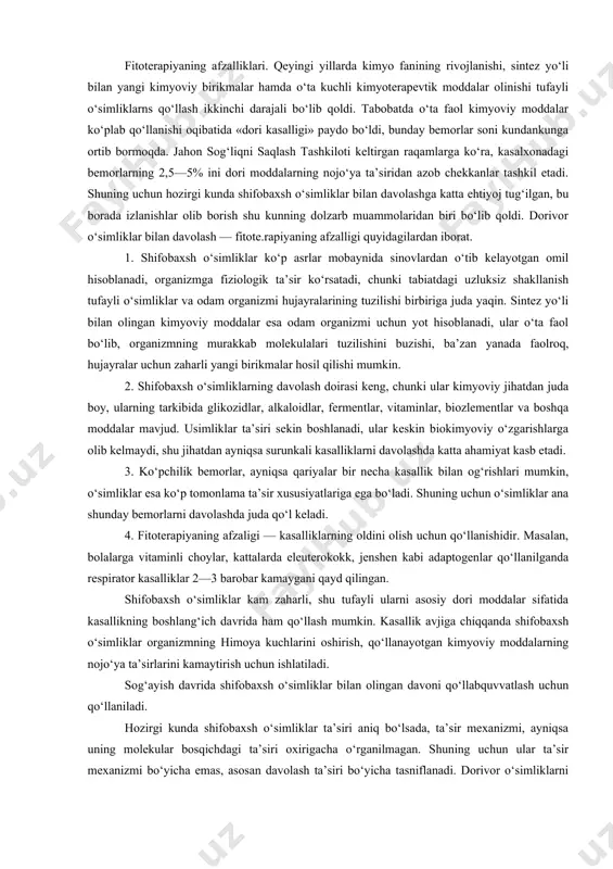 iklarni davolashda kasallik avj olishining oldini olish maqsadida xam berib turish kerak (ayniqsa o‘gkir respirator va yuqumli kasalliklarda). 7. fitoterapiya o‘tkazishda (allergik kasalliklar) allergologik anamnezga e’tibor berish lozim. fitoterapiya samaradorligini va xavfsizligini nazorat qilish kerak. 8. dorini ko‘tara olmaslik belgilari (ko‘ngil aynishi, qayt qilish, teri qichishi beltilari, ich ketish) paydo bo‘lganda o‘simliklar berishni to‘xtatish kerak. 9. kuchli ta’sir qiluvchi va zaharli o‘simliklar tavsiya qilinmaydi. fitopreparatlarni (pediatriyada) miqdorlash. bo lalarga 1%, 3%, 5% li damlama va qaynatmalar ishlatiladi. fitopreparatlarni mikdorlash bola yoshiga, o‘simliklarning farmakologik faolligiga, kasallikning rivojlanish davriga va tabiatiga bog‘liq. ko‘proq 3 yoshgacha bo‘lgan bolalarga 1—3% li, katta yoshdagi bolalarga 3—5% li damlama va qaynatmalar tavsiya etiladi. kasallikning o‘tkir davrida ko‘proq miqdorda, kasallikning oldini olish maqsadida esa kamroq miqdorlarda tavsiya qilinadi. dorining sutkalik miqdori 3—4 marta qabulga bo‘lib beriladi. damlama va qaynatma ko‘rinishida ko‘proq suyuqlik kiritish bolalar o‘tkir respirator, yoki siydik va oshqozonichak tizilmasi yuqumli kasalliklarida tavsiya qilinadi. yurakqon tomirlari …