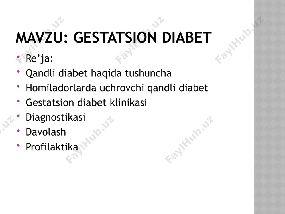 hi retseptorda o’zgarish kuzatiladi. retseptorlar strukturasi o’zgarishi yoki sonining kamayishi natijasida gormon bilan ta’sirlasha olmaydi postretseptor-hujayralar ichida retseptorlardan organellalarga signallar uzatilish mexanizmining buzilishi alomatlari: polidipsiya- qondirib bo’lmas doimiy chanqoqlik poliuriya-siydikda erigan glyukoza hisobiga osmotik bosimning ortishi natijasida kunlik peshob ajralishining ortishi polifagiya-doimiy qondirib bo’lmas ochlik.modda almashinuvi buzilishi hisobiga yuzaga keladi. ozib ketish-ayniqsa,1-tip uchun xarakterli.hujayralarning energetik almashinuvida uglevod ishtirok etmaganligi uchun oqsil va yog’larning faol katabolizmi tufayli sodir bo’ladi. bemordan atseton hidi kelishi ko’rishning buzilishi mushaklar kuchsizlihgi va ko’p terlash yaralarning tez bitmasligi teri,ayniqsa oyoqlarda sezgirlik kamayishi qon bosimining oshishi,yurak og’rig’i, jigarning kattalashishi. diagnostika qonda glyukoza miqdri-och qolganda glyukoza miqdorini aniqlash glyukozaga sezuvchanlik sinovi-och qolganda va ovqatlangandan 2 soat o’tib qondagi glyukoza miqdorini solishtirish glikemik kuzatuv-kun davomida qondagi qand miqdorini bir necha bor tahlil qilish.davolash samarasini o’rganish uchun qo’llaniladi. siydikda oqsil,glyukoza, oqqon hujayralarini tekshirish qonda glikolizlangan hb miqdorini aniqlash qondagi c peptid miqdorini anilash kasallikning 1 va 2 tiplarini farqlashda ham …