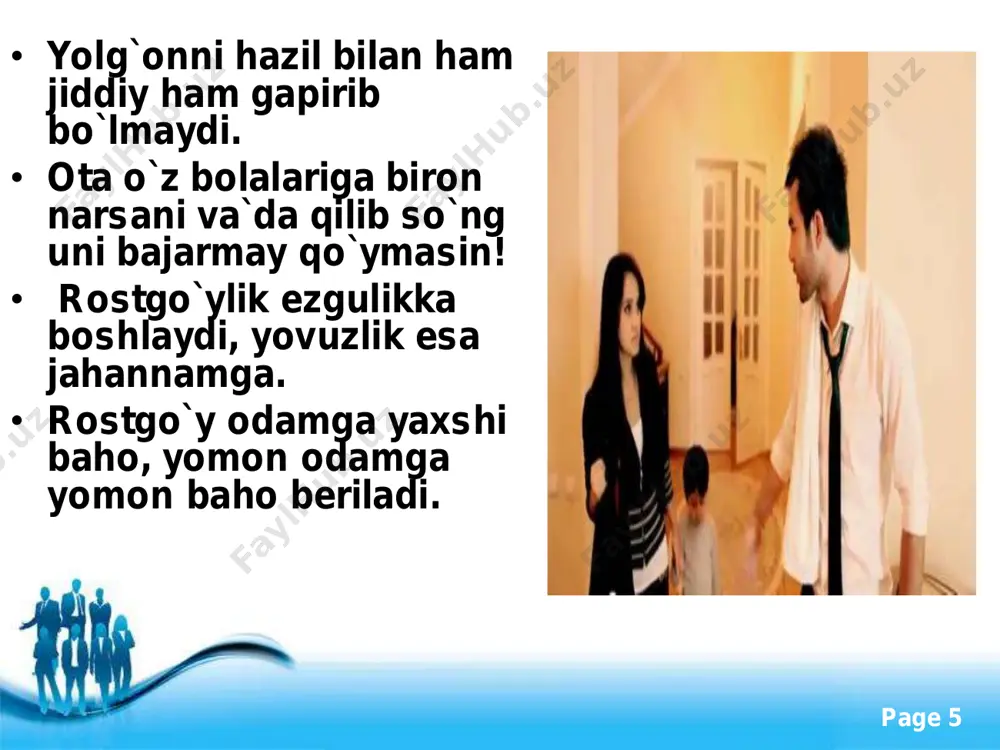 ww.powerpointstyles.com/ free powerpoint templates page 15 • ey farzand! ota-onaning ko`nglini sira ham ranjitma.ularning qalbini azoblama.sen ota-onaning haqiga din nuqtai nazaridan rioya qilmasang, ham aql va muruvvat nuqtai nazardan rioya qil, ko`rgil ota-ona seni jonu-dili bilan parvarish qilishar. agar sen ularga nisbatan xato ish qilsang, sen hech qachon yaxshilikka sazovar emassan, chunki har kishi ota-onaning yaxshiligini bilmasa birovning yaxshiligiga baho berolmaydi. farzanding seni hurmat qilishini istasang sen ham onangni hurmat qil, chunki sen ota-onangga nima ish qilsang farzanding ham senga shunday ish qiladi. http://www.powerpointstyles.com/ free powerpoint templates page 16 • bola mevaga ota-ona esa daraxtga o`xshaydi, daraxtni yaxshi tarbiya qilsang mevasi yaxshi va shirin bo`ladi. shuningdek ota onaga izzat va hurmatni ko`proq qilsang ularning sen haqingdagi duosi tezroq mustajob bo`ladi. • meros olish xirsi bilan ota-onaning o`limini also istamagil. ularning rizqi orqali rizqqa ega bo`lasan, rizq taqsimlash kundagi tiriklik deb o`zingni azobga qo`ymagil. http://www.powerpointstyles.com/ free powerpoint templates page 17 • …