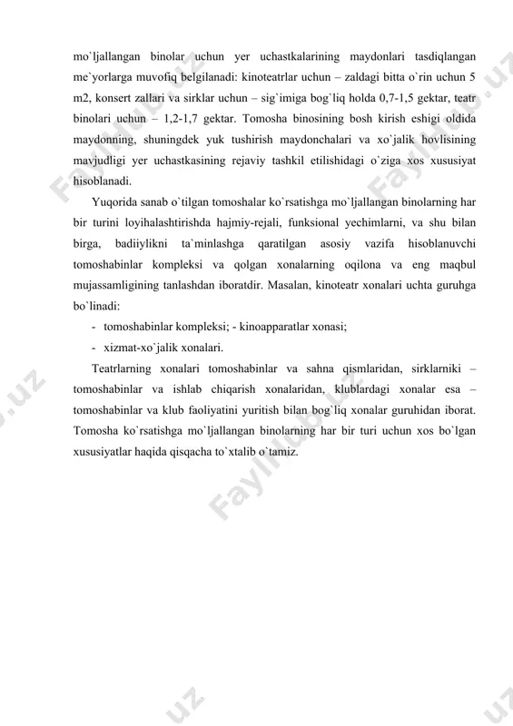 g`ri to`rtburchakli, trapetsiyasimon yoki yarim aylana. kinoteatrlar tarkibida kafe va klub faoliyatini yuritish hamda bolalar bilan ishlash uchun mo`ljallangan universal zallar mavjud bo`lgan kompleks shaklida ham loyihalashtirilishi mumkin. bugungi kunda, ya`ni kinoga bo`lgan qiziqishning yangicha ko`rinishi qayd etilayotgan davrda, kinoteatr binolari xuddi boshqa jamoat binolari kabi, birinchi navbatda, yuqori darajada texnologik jihozlanganlik va universallik kabi xususiyatlarga ega bo`lishi lozim. tomosha zalining bosh fasadga nisbatan joylashuvi – kinoteatrlarni kompozitsiyasi bo`yicha tasniflashning umumiy alomatidir. chuqur, ya`ni tomosha zali binoning chuqur ichkarisida joylashgan kompozitsion yechimda zalning bo`ylama o`qi fasad tekisligiga perpendikulyar, frontal kompozitsion yechimda esa – parallel bo`ladi. bu kompozitsion yechimlar tomosha zalining birinchi yoki ikkinchi qavatda joylashishiga qarab gorizontal va vertikal yechimlarga ajratiladi. ta`kidlash zarurki, bunday klassifikatsiya umumlashtirilgan bo`lib, turlicha ifodalangan kompozitsion yechimlarni tuzish uchun asos bo`lib xizmat qiladi. tomosha zali va kinoekran parametrlariga bo`lgan talablar kinoplyonka parametrlariga bog`liq ravishda proyeksiyalashning to`rtta turi mavjud bo`lib, kinoekran proporsiyalari (balandlikning uzunlikka nisbati) aynan proyeksiyalash …