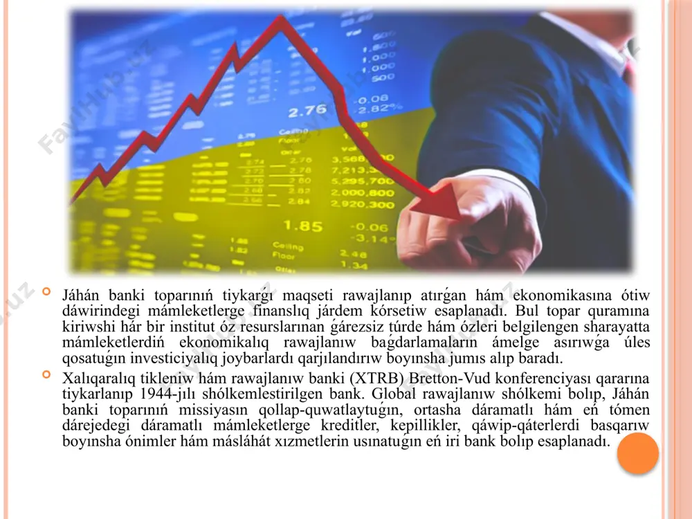 shametlew maqsetinde shólkemlestirilgen. adb rawajlanıp atırǵan aǵza mámleketlerdegi jeke menshik kárxanalarǵa kapital qoyılmalar hám kreditler ajıratıw arqalı tikkeley járdem beredi. adb tiyisli mámlekettiń ekonomikalıq hám sociallıq rawajlanıwına nátiyjeli úles qosatuǵın hám mámleket strategiyasına muwapıq kámbaǵallıqtı qısqartıwǵa eń úlken tásir kórsetetuǵın joybarlardı qarjılandıradı. aziya infrastruktura investiciya banki (aiib) aziyadaǵı quramalı infrastruktura talapların qanaatlandırıw maqsetinde mámleketlerdi birlestiriw ushın shólkemlestirilgen kóp tárepleme qarjı institutı bolıp esaplanadı. ol óz jumısın 2014-jıl yanvar ayında baslaǵan hám házirgi waqıtta oǵan 57 mámleket aǵza. 2008-jılı shólkemlestirilgen finanslıq qolaylılıq alyansınıń (foa) maqseti finanslıq qolaylılıq boyınsha nátiyjeli siyasattı ámelge asırıw arqalı finanslıq resurslardan paydalana almaytuǵınlar ushın tiyisli finanslıq xızmetlerdiń sapasın hám olardan paydalanıw imkaniyatın arttırıwdan ibarat. dúnyanıń 95 rawajlanıp atırǵan mámleketleriniń tártipke salıwshı finanslıq shólkemlerin birlestiredi. alyans mámleketlik finans sistemasınıń ekonomikalıq rawajlanıwına úles qosatuǵın áhmietli siyasiy tarawlarda aǵza mámleketlerge grantlar hám texnikalıq járdem kórsetedi. islam rawajlanıw banki (irb) - islam qarjılandırıwına baǵdarlanǵan kóp tárepleme rawajlanıw banki 1975-jılı shólkemlestirilgen. ol …