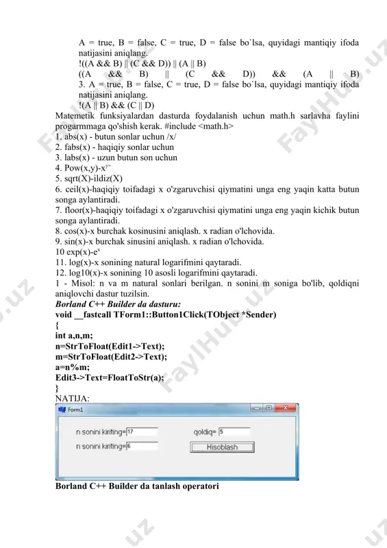 borland c++ builderda amallar, matematik funksiyalar va tanlash operatorlari - Page 5