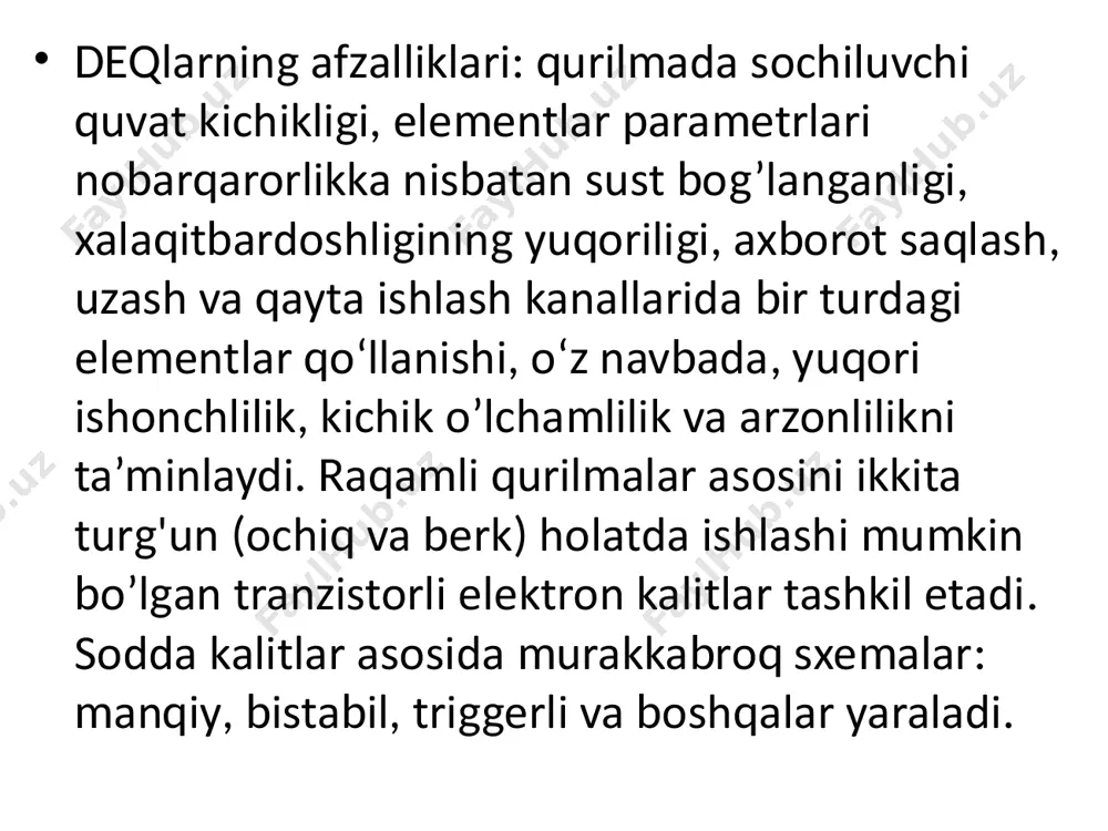 ki tok) amplitudasi, kuchlanish manbayi energiyasini chiqish signali energiyasiga o'zgartirilishi hisobiga chastotalarning chegaralanmagan oralig‘ida nochiziqli buzilishlarsiz ki marta ko'paytirish tushuniladi. signallarni kuchaytirish operatsion kuchaytirgich (ok) lar, videochastotalarning keng polosali va yuch kuchaytirgichlari yordamida amalga oshiriladi. chiziqli analog o‘zgartirishlarni amalga oshirishda ok negiz qurilma bo‘lib xizmat qiladi. nochiziqli analog o‘zgartirishlarni amalga oshiruvchi asosiy qurilma sifatida signallarni analog ko’paytirgich xizmat qiladi. u ikkita kirishga ega bo'lgan o‘zgartgichdan iborat bo‘lib, x va y analog kattaliklar ko‘paytmasi uchiq ni aniqlaydi: uchiq=kxu, bu yerda: k — masshtablovchi koeffitsient bo‘lib x va yga bog‘liq emas. signallarni analog ko‘paytirgich universal qurilma bo‘lib, u ko‘paytirish, bo'lish, darajaga ko‘tarish, ildiz chiqarish kabi amallarni bajarish uchun ishlatiladi. ko‘paytirgichlar asosida barcha turdagi detektorlar, modulyator — demodulyatorlar, aktiv filtrlar, boshqaruvchi generatorlar va boshqalar hosil qilinadi. elektronikaning elektron asboblar vaxlari xususiyatlarini e’tiborga olgan holda axborotga ishlov berish usullarini ishlab chiquvchi bo'limi sxemotexnika deb ataladi. mikrosxemotexnika deb elektronikaning imslarda va ular asosidagi realarda ishlatiladigan …