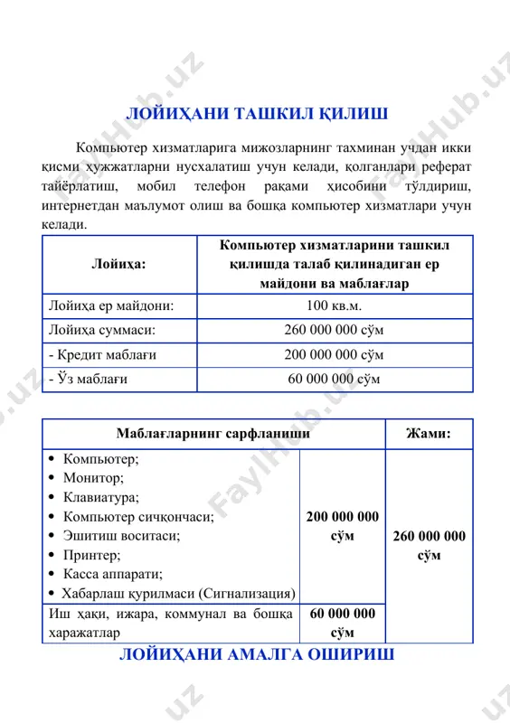 исобварақ очиш зарур бўлади. бунинг учун қуйидаги хужжатлар тақдим этиш талаб этилади: · ариза; · руйхатдан ўтганлик тўғрисидаги гувоҳнома нусхаси; · шакл бўйича икки нусхада имзолар намунаси ва муҳр изи туширилган карточкалар. *ҳисоб варақ очиш муддати – 2 иш куни. фото компьютер хизматларида хизмат кўрсатиш турлари № тоифаларнинг номланиши 1 кунлик миқдори (мижозлар сони) нархи, сўм 1 нусха кўчириш 100 100 000 2 ёзма матн териш 20 1 000 000 3 графикли тақдимотлар ясаш 5 500 000 4 переплёт қилиш 10 400 000 5 ҳужжатларни чоп этиш 1 000 400 000 жами: 1 135 2 400 000 компьютер хизматларининг йиллик хизмат кўрсатиш режаси сўмда № хизмат кўрсатиш номи 1 кунда кўрсатилади-ган хизмат тушуми 1 ойда кўрсатилади-ган хизмат тушуми 1 йилда кўрсатила-диган хизмат тушуми 1 компьютер хизматлари 2 400 000 72 000 000 864 000 000 компьютер хизматларининг йиллик харажатлари сўмда № номланиши харажатлар суммаси 1 ижара харажатлари 240 000 000 …
