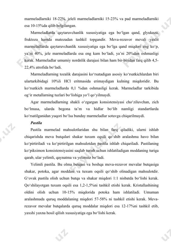 r yelimli, qaynatma va yelimsiz bo‘ladi. yelimli pastila. bu olma butqasi va boshqa meva-rezavor mevalar butqasiga shakar, potoka, agar moddasi va tuxum oqsili qo‘shib olinadigan mahsulotdir. g‘ovak pastila olish uchun butqa va shakar miqdori 1:1 nisbatda bo‘lishi kerak. qo‘shilayotgan tuxum oqsili esa 1,2-1,5%ni tashkil etishi kerak. kristallashining oldini olish uchun 10-15% miqdorida potoka ham ishlatiladi. umuman aralashmada quruq moddalaning miqdori 57-58% ni tashkil etishi kerak. meva-rezavor mevalar butqalarda quruq moddalar miqdori esa 12-17%ni tashkil etib, yaxshi yaxna hosil qilish xususiyatiga ega bo‘lishi kerak. pastila tayyorlash uchun ashyolar yuqorida aytilgan nisbatda olinib pastila ko‘pirtiruvchi mashinalarga solnib yaxshilab aralashtiriladi va ko‘pchigan ko‘piksimon bo‘tqa hosil buguncha ko‘pirtiriladi. pastilaning sifati xomashyoning sifatidan tashqari, ma’lum darajada ko‘pirtirib, ishlov berish muddatiga ham birmuncha ham bog‘liq bo‘ladi. agar ko‘pirtirish muddati juda qisqa davom etsa, butqa yaxshi aralashmaydi, pastilaning g‘ovokliklari ham juda dag‘al bo‘ladi. aralashmaga qancha o‘zoq muddat ko‘pirtirib ishlov berilsa, pastila shuncha mayin, serg‘ovak bo‘ladi. ma’lumki, ko‘pik …