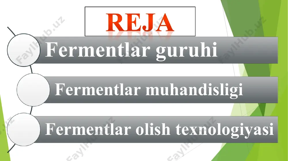 eptid-gidrolazalar oqsil molekulasidagi peptid bog`larini uzish reaktsiyasini kataliz qiladi, natijada erkin aminokislotalar di- va polipeptidlar hosil qiladi. 8. amilazalar – bakteriya va zamburug`lardan olinadigan amilazalar kraxmalni kichik molekulyar shakarlar: glyukozalar, maltozalargacha parchalaydi. bakterial proteazalar pishloq pishirishda va teri oshlashda oqsillarni buzishda qo`llaniladi. 9. lipazalar - gidrolazalar lipid yog` almashinuvida ishtirok etadigan, fermentlar. 10. pivo va vino tayyorlashda amilaza fermenti preparatidan foydalaniladi. bu ishlab chiqarishni arzonlashtiradi va g`alla harajatini kamaytiradi. shunga o`xshash amilaza eriydigan kraxmal, dekstrin olish uchun ham ishlatiladi. 11. laktoza laktozasiz sut olish uchun ishlatiladi. laktozalar yordamida tarkibida ko`p miqdorda laktoza bo`lgan sut zardobidan qand (glyukoza, galaktoza olinadi). 12. lipaza sutni quruq holda ishlab chiqarishda o`z o`rnini topgan, pishloq tayyorlashda, uning pishishini tezlashtirish uchun, pishloqqa masus ta’m va yoqimli hid berish uchun ishlatiladi. 13. teri ishlab chiqarish sanoatida proteaza fermenti terini oshlashda va uni mayinlashtirishda ishlatiladi. tarkibida proteaza va lipaza bo`lgan kompleks preparatni ishlatish natijasida jarayon tezlashadi va va …