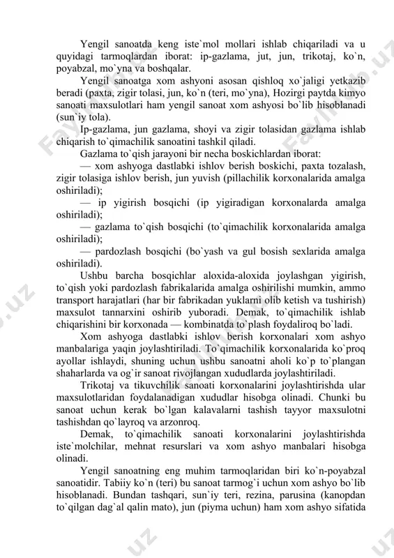 va xom ashyo manbalari hisobga olinadi. yengil sanoatning eng muhim tarmoqlaridan biri ko`n-poyabzal sanoatidir. tabiiy ko`n (teri) bu sanoat tarmog`i uchun xom ashyo bo`lib hisoblanadi. bundan tashqari, sun`iy teri, rezina, parusina (kanopdan to`qilgan dag`al qalin mato), jun (piyma uchun) ham xom ashyo sifatida ishlatiladi. chorvachilikning turli xududlarda ixtisoslashuviga qarab, ushbu sanoatning xom ashyosi xilma-xil bo`ladi. ko`n sanoatini joylashtirishda xom ashyo manbai muhim o`rin tutadi. ammo go`sht kombinatlarining chiqindisi hisoblangan terilar ham bu sanoatni joylashishiga ta`sir ko`rsatadi. poaybzal sanoati iste`molchiga yaqin joylarda barpo etiladi. oziq-ovqat sanoati ushbu tarmoq aholini oziq-ovqat maxsulotlari bilan ta`minlaydigan 30 dan ortiq ishlab chiqarishni o`z ichiga olgan bo`lib, qishloq xo`jaligi bilan chambarchas bog`langan. oziq-ovqat sanoati joylashishida xom ashyo va iste`molchi omili muhim o`rin tutadi. oziq-ovqat maxsulotlarini ishlab chiqarishda harajatning ko`p qismi qishloq xo`jalik xom ashyosiga sarf bo`ladi. shakar ishlab chiqarishda xom ashyo harajati 65 foiz; yog`, pishloq va go`sht tayyorlashda 90 foizgacha boradi. bir tonna shakar olish …