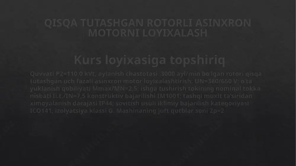 stikalari deb, motor iste’mol qiladigan quvvat p1, stator toki i1, kuvvat koeffitsiyenti cosf, fik n, motor sirpanishi s larning motor validagi p2 quvvatga bog’liqligi, ya’ni p1, i1, cosf, n, s=f(p2) ga aytiladi. motorni ish xarakteristikalarini 7 – rasmda koʻrsatilgan qisqa tutashgan rotorli asinxron motorning ish xarakteristikalarini xisoblashda foydalaniladigan jadval qisqa tutashgan rotorli asinxron motorning ishga tushirish xarakteristikalarini xisoblash motorni ish xarakteristikalari statikaviy matematik modelini sirpanish s=1 uchun tuzamiz. ishga tushirish xarakteristikalarini xisoblashda rotor pazining o’lchamlari , sterjenning balandligi, rotor karshiligining umumiy oshish koeffitsiyenti va rotor cho’lg’amining induktiv qarshiligini hisoblab oldim. parmetrlarni toʻyinishini magnit toʻyinishlarni hisobga olib magnit oʻtkazuvchanliklarni aniqladim . stator va rotor choʻlgʻamlarini induktiv qarshiliklarini aniqladim. ishga tushirish toki va momentini nisbiy birlikdagi qiymatini aniqladim va ishga tushirish xarakteristikalarini tuzdim. (8-rasm) 8-rasm . p2=110000,0 kvt , 2p=2 , un=380/660 v li loyihlaniyotgan motorni ishga tushirish xarakteristikalari motorning ishga tushirish xarakteristikalarining tasvirlash uchun xulosa elektr mashinalari fanidan kurs loyihasini hisoblash …