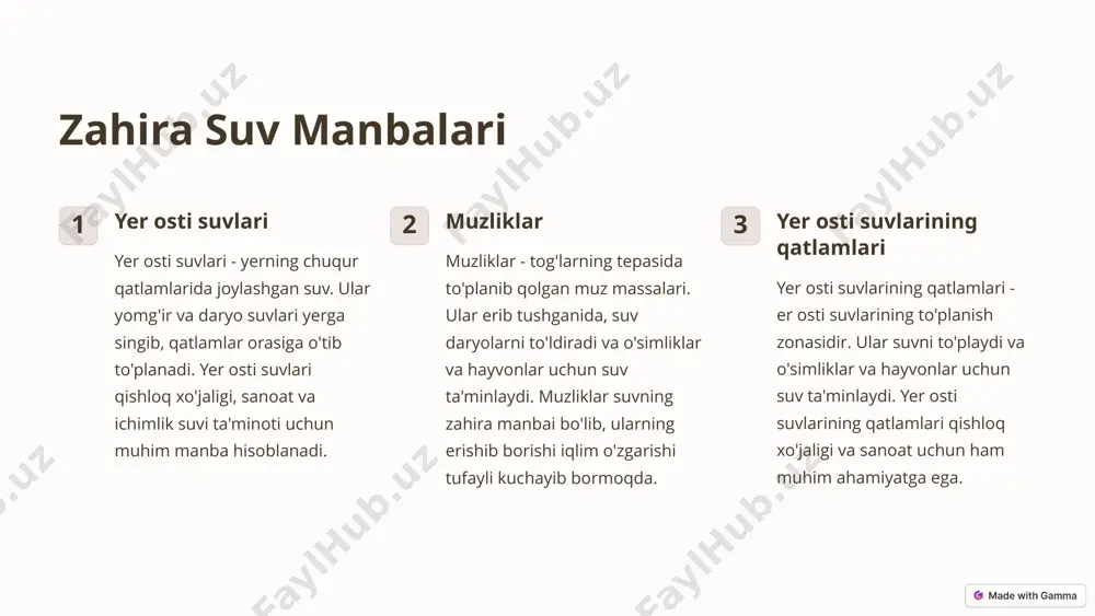 to'plashni o'z ichiga oladi. suv resurslarini rejalashtirish suv resurslarini rejalashtirish - suvning qanday ishlatilishini aniqlash. bu qishloq xo'jaligi, sanoat, ichimlik suvi ta'minoti va boshqa ehtiyojlarni qondirish uchun suvning qanday taqsimlanishini belgilab beradi. suv resurslarini boshqarish suv resurslarini boshqarish - suv resurslarini samarali va barqaror ishlatish. bu suvning ifloslanishini oldini olish, suv iste'molini optimallashtirish va suvni qayta ishlatishni o'z ichiga oladi. suv resurslarini monitoringi suv resurslarini monitoringi - suv resurslarining holatini kuzatish. bu suvning sifati va miqdorini muntazam ravishda nazorat qilishni o'z ichiga oladi. bu suv resurslarini samarali boshqarish uchun muhimdir. 6 suv tanqisligi 1 suvning etishmasligi 2 qurg'oqchilik suvning etishmasligi, ayniqsa, qurg'oqchilik paytida yuzaga keladi. bu o'simliklar va hayvonlar o'limini, qishloq xo'jaligida hosil kamayishini va ichimlik suvi ta'minotida muammolarni keltirib chiqarishi mumkin. 3 iqlim o'zgarishi iqlim o'zgarishi suv tanqisligini kuchaytiradi. bu yog'ingarchilikning kamayishiga, muzliklarning erishiga va suvning bug'lanishining ko'payishiga olib keladi. 4 aholi zichligi aholi zichligi suv talabini oshiradi. ko'proq …