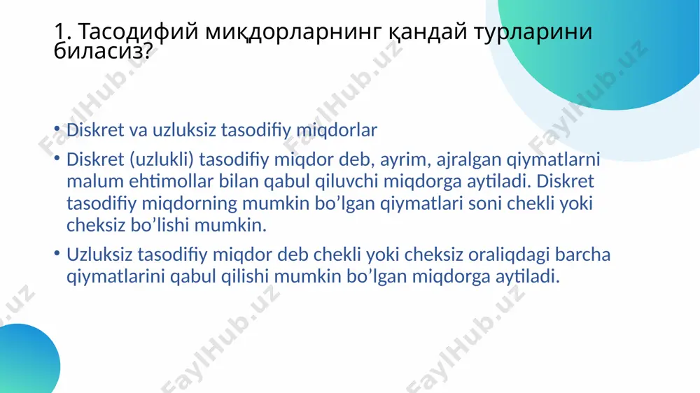 tsienti 0,6 dan katta bo’lsa, unda omillararo bog’lanish kuchli deb hisoblanadi va erkin omillar ma’lum darajada bir birini takrorlaydi. 2. xususiy korrelyatsiya koeffitsientlari. xususiy korrelyatsiya koeffitsienti asosiy va unga ta‟sir etuvchi omillar o„rtasidagi bog„lanish zichligini bildiradi. 3. ko’p omilli modellarda agar natijaviy omilga bir necha omillar ta’sir ko„rsatsa, unda omillar orasida ko’plikdagi korrelyatsiya koeffitsientihisoblanadi. image2.jpeg image3.png image4.png image5.png image6.png image7.png image8.png image1.jpg /docprops/thumbnail.jpeg