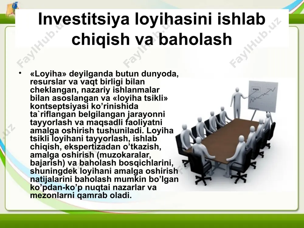 qator umumiy belgilarga ega. ularga quyidagilarni kiritish mumkin: maqsadga erishishga yo’naltirilganligi; o’zaro bog’liq harakatlarni muvofiqlashgan holda bajarilishi; vaqt birligida cheklangan davomiyligi; takrorlanmasligi va noyobligi. investitsion loyiha turli investitsiya faoliyatlarini rejalashtirish, tahlil etish, baholash va ulardan foydalanish uslubini qo’llashga imkon beradi. 2005-2012 yillarda mamlakatimiz iqtisodiyotiga yo’naltirilgan investitsiyalarning o’sish sur’atlari, foizda 2005у. 2006у. 2007у. 2008у. 2009у. 2010у. 2011у. 2012у investitsiya loyihalarining turlicha klassifikatsiyalari mavjud bо’lib, belgilariga qarab investitsiya loyihalarining quyidagi ko’rinishlarini ajratish mumkin. raqobat muhiti ta’ sirchanligida har bir iqtisodiyot sub ’ ekti korxona rivojlanishining aniq b elgilangan strategiyasi as osi da investitsiya l о yihalarini tanlay di, zarur b о ’ lgan investitsiyalar xajmini aniqlaydi va moliyalashtirish manbalari imkoniyatlarini baholaydi. bular о ’ zaro bo g ’ liqlikda olib bo rilishi shart.iqtisodiyot sub ’ ektlarining ishlab chiqarishga investitsiyalashlaridan maqsad, hoxlagan miqdordagi moliyaviy natijani qo ’ lga kiritish emas, balki qarzga olingan, jalb etilgan resurslar qiymatidan kelib chiqib, ularni qoplash va qo …