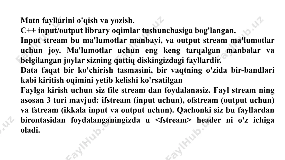 otlarni o`z ichiga oladi, masalan; ~/homework/input.dat (unix) c:\homework\input.dat (windows) qachonki fayl nomini so'zma so'z belgilaganingizda, va nom baxslash xossasini o'z ichiga oladi.(xuddi windows filename dek),siz har bir baxslashni ikki marta ishlatishni ta'minlashingiz kerak: in_file.open("c:\\homework\\input.dat"); eslatib o'tamiz, bitta baxslash tom ma'nodagi so'zma so'z yolg'iz baxslash bayonoti bu qochish xarakterida, qaysiki boshqa xususiyat bo'lgan maxsus ma'no shakli bilan bog'langan, masalan: \n yangi satr uchun. \\ kombinatsiysi yolg'iz baxslash ma'nosini anglatadi. agarda string variableda saqlangan nomni o'tqazishni xohlasangiz, c++ string ni c string ga o'zgartirish uchun c_str funksiyasidan foydalanish: cout > filename; ifstream in_file; in_file.open(filename.c_str()); qachonki programma tugallanganda, siz ochgan barcha stream lar avtomatik tarzda yopiladi. bundan tashqari, qo'lda yaqin komponenti funksiyasi bilan stream ni yopish mumkin: in_file.close(); agar stream variable dan boshqa fayl bilan ma'lumot almashish uchun yana foydalanishni xohlasangiz manual yopish aynan zarur. fayl dan o'qish. file stream dan ma'lumot o'qish bu to'liq to'g'rilik: siz shunchaki har doim cin dan o'qish …