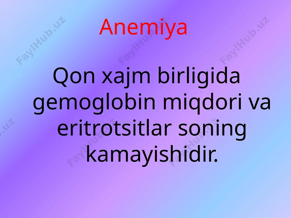 di 1 litr kondagi mikdori 4-6 x 1012 urtacha yashash davri: 120 dney. eritrotsitlar organizmdagi umumiy temir miqdori: zaxiradagi temir transportdagi temir eritron temir mikdori yashirin temir tanqisligi: zaxiradagi temirning kamayishi temir zaxirasi kamaygan zardobning umumiy temirni boglash xususiyati oshgan transferinga tuyinish koeffitsenti pasaygan gemoglobin kursatgichi normada temir tanqislik xolati tashiluvchi temir kamayishi jelezo snijeno temir zaxirasi kamaygan zardobning umumiy temirni boglash xususiyati oshgan transferinga tuyinish koeffitsenti pasaygan zardobdagi temir mikdori kamaygan gemoglobin kursatgichi normada temir tanqislik anemiyasi: mikrotsitar, gipoxrom anemiya temir zaxirasi kamaygan zardobning umumiy temirni boglash xususiyati oshgan transferinga tuyinish koeffitsenti pasaygan zardobdagi temir mikdori kamaygan gemoglobin kursatgichi pasaygan temir tanqislik anemiyasi: qon xajm birligida eritrotsitlar mikdorining kamayishi eritrotsitlar xajmining kichrayishi gemoglobin kontsentatsiyasining kamayishi tuqimada temir miqdori va gemoglobinning pasayishi tta moyil bulgan xavfli gurux: bolalar (ayniksa kamkon onadan tugilganlar) usmir yoshlar, jumladan kizlar fertil yoshdagi ayolllar xomilador va bola emizuvchi ayollar ayollarda temir tanqislik anemiya sabablari: xayz …