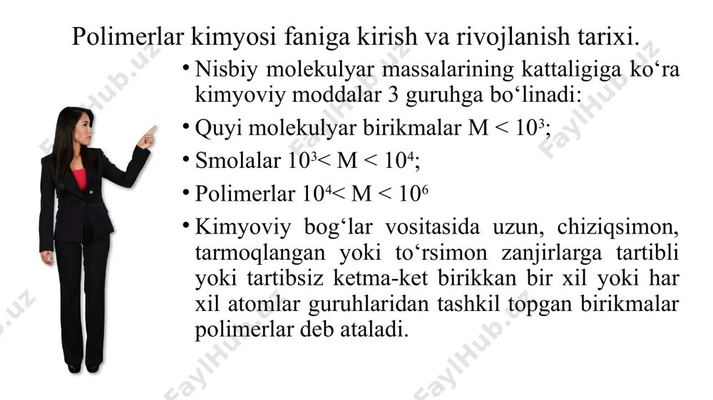 . 1979-yilda esa o‘zbekiston fa polimerlar kimyosi va fizikasi institutining respublikada polimerlar haqidagi fan sohasi bo‘yicha fundamental va amaaliy tadqiqotlami rivojlantirish va muvofiqlashtirish maqsadida tashkil etilgan (institut rahbari o'zbekiston respublikasida xizmat ko‘rsatgan fan arbobi, o‘zr fa akademigi, kimyo fanlari doktori. professor s.sh.rashidova). o‘zr faning bioorganik kimyo va o‘simlik moddalar kimyosi institutlari, mirzo ulug‘bek nomidagi o‘zbekiston milliy universiteti. toshkent kimyo-texnologiya instituti, islom karimov nomidagi toshkent davlat texnika universiteti. toshkent to‘qimachilik va yengil sanoat institute, samarqand davlat universiteti va boshqa bir qancha tashkilotlarning olim va mutaxassislari o‘zbekistonda polimerlar kimyosi va texnologiyasi fanini rivojlantirish bo‘yicha innovatsion, fundamental va amaliy tadqiqotlar olib bormoqdalarz o‘zbekistonda kimyo fani va kimyo sanoati rivojlanishi uchun juda katta imkonivatlar ochildi va bugunga kelib, bu imkoniyatlar yanada kengaymoqda. mingbuloq, ko‘kdumaloq, sho‘rtan va boshqa neft-gaz konlari ishga tushirildi, ishlab chiqarish korxonalari modernizatsiya qilindi va bir qator yirik korxonalar ishga tushirildi. bular orasida ammiak, nitrat kislota, mineral o‘g‘itlar, sinteiik tola va boshqa …