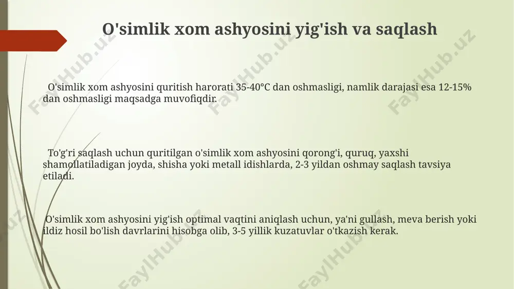 ning nisbati mutaxassis tomonidan aniqlanadi, dozasi bemorning holatiga bog'liq. ekstraksiya usullari: spirtli ekstraksiya ekstraksiya vaqti va harorati kabi parametrlarni o'zgartirish orqali spirtli ekstraktlardagi ma'lum birikmalarning miqdorini 2-3 barobar oshirish mumkin. spirtli ekstraksiya, suvli ekstraksiyaga nisbatan yuqori konsentratsiyali faol moddalarga ega bo'lgan ekstraktlar olish imkonini beradi, bu esa samaradorlikni oshiradi. spirtli ekstraksiya jarayonida 70-90% li etanol yoki metanol kabi spirtlar o'simlik materiallaridan faol birikmalarni samarali ajratib olish uchun ishlatiladi. ekstraksiya usullari: boshqa ekstraksiya usullari enzimatik ekstraksiya, selektivligi yuqori bo'lgan fermentlardan foydalanib, maqsadli birikmalarni yaxlit saqlab, ekstraksiya samaradorligini 60-70% gacha oshiradi. mikroto'lqinli yordamida ekstraksiya, an'anaviy usullar bilan solishtirganda, ekstraksiya vaqtini 5-10 baravar qisqartiradi va energiya sarfini kamaytiradi, 70-80% gacha chiqim beradi. superkritik so2 ekstraksiyasi yuqori bosim va haroratda so2 dan foydalanib, o'simliklardan faol moddalarni samarali ajratib olish imkonini beradi, 90% dan yuqori chiqimga erishiladi. o'simlik aralashmalarini tayyorlash samarali aralashmani tayyorlash uchun 30-60 kun davomida quriting va maydalang, so'ngra spirtli yoki suvli ekstraksiya …