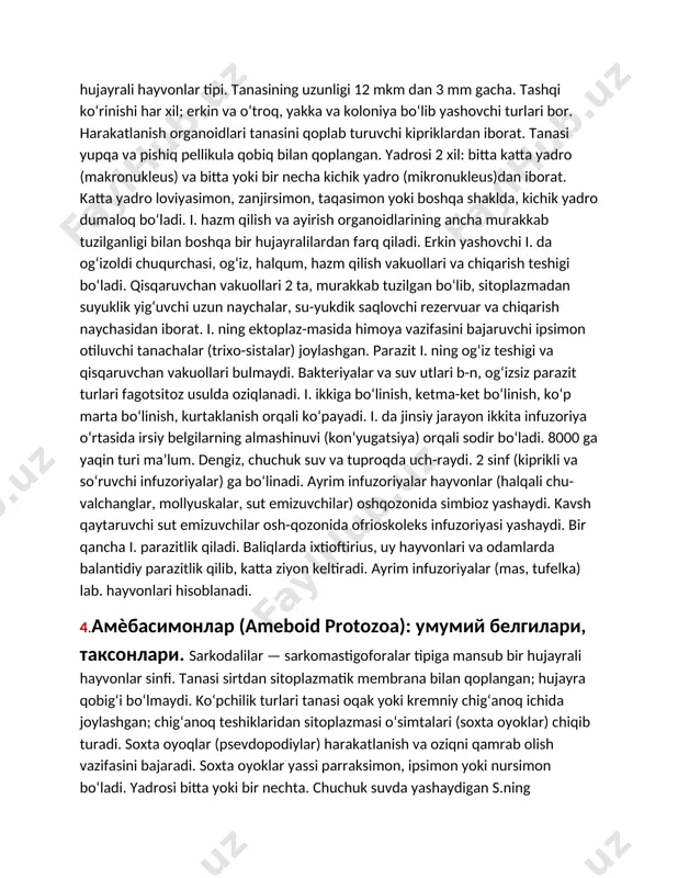 ralilar koloniya hosil qiladi. bir hujayralilar dan koʻp xujayrali organizmlar kelib chiqqan. 3.euglenozoa типи, euglenoidea синфи: характерли белгилариinfuzoriyalar (infuzoria, ciliophora) — yuksak rivojlangan bir hujayrali hayvonlar tipi. tanasining uzunligi 12 mkm dan 3 mm gacha. tashqi koʻrinishi har xil; erkin va oʻtroq, yakka va koloniya boʻlib yashovchi turlari bor. harakatlanish organoidlari tanasini qoplab turuvchi kipriklardan iborat. tanasi yupqa va pishiq pellikula qobiq bilan qoplangan. yadrosi 2 xil: bitta katta yadro (makronukleus) va bitta yoki bir necha kichik yadro (mikronukleus)dan iborat. katta yadro loviyasimon, zanjirsimon, taqasimon yoki boshqa shaklda, kichik yadro dumaloq boʻladi. i. hazm qilish va ayirish organoidlarining ancha murakkab tuzilganligi bilan boshqa bir hujayralilardan farq qiladi. erkin yashovchi i. da ogʻizoldi chuqurchasi, ogʻiz, halqum, hazm qilish vakuollari va chiqarish teshigi boʻladi. qisqaruvchan vakuollari 2 ta, murakkab tuzilgan boʻlib, sitoplazmadan suyuklik yigʻuvchi uzun naychalar, su-yukdik saqlovchi rezervuar va chiqarish naychasidan iborat. i. ning ektoplaz-masida himoya vazifasini bajaruvchi ipsimon otiluvchi tanachalar …