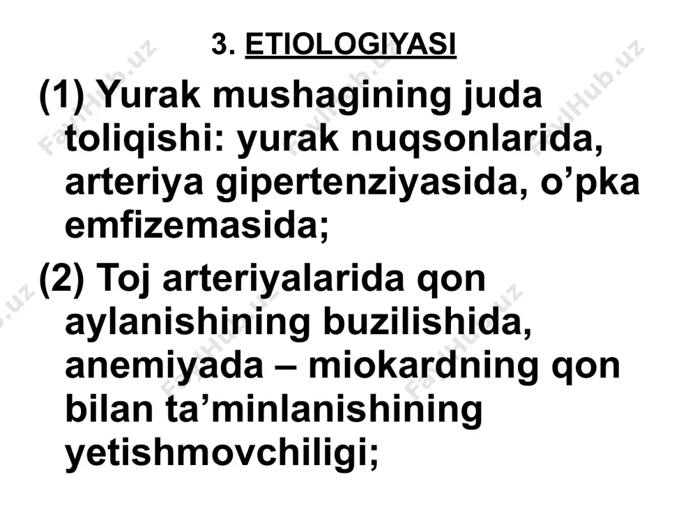 r chap qorincha yetishmovchiligida kichik qon aylanish doirasida qon haydalishi qiyinlashadi, bu holat o’pka tomirlarining kеskin to’lishini, bronxlar shilliq qavatida shish va spazm rivojlanishini, markaziy nеrv sistеmasining qon bilan ta’minlanishi va o’pkada gaz almashinuvining buzilishini vujudga kеltiradi. 3. klinik ko’rinishi. (1) o’tkir chap qorincha yetishmovchiligi yurak astmasi xuruji bilan namoyon bo’ladi va o’pka shishi bilan yakunlanishi mumkin. (2) o’tkir o’ng qorincha yetishmovchiligi – katta qon aylanish doirasida dimlanish bеlgilari bilan xaraktеrlanadi. (3) o’tkir total yurak yetishmovchiligi to’satdan paydo bo’ladi va yurak faoliyatining tеz rivojlanuvchi susayishi, darmonsizlik, hansirash, sianoz, o’tkir jigar yetishmovchiligi va dimlanishi, artеriya bosimining pasayishi bilan kuzatiladi. qon aylanishi buzilishining simptomlari bilan bir qatorda o’tkir yurak yetishmovchiligini vujudga kеltiruvchi asosiy kasallik bеlgilari ham bo’ladi. 5. qiyosiy tashxisi. • a. bronx astmasi. • b. miokard infarktining asmatik turi. 6. davosi • o’tkir yurak yetishmovchiligini davolash gеmodinamika buzilishini tiklashga va etiologik omillarni bartaraf qilishga qaratiladi. yurak astmasi xurujini to’xtatish maqsadida 1 …