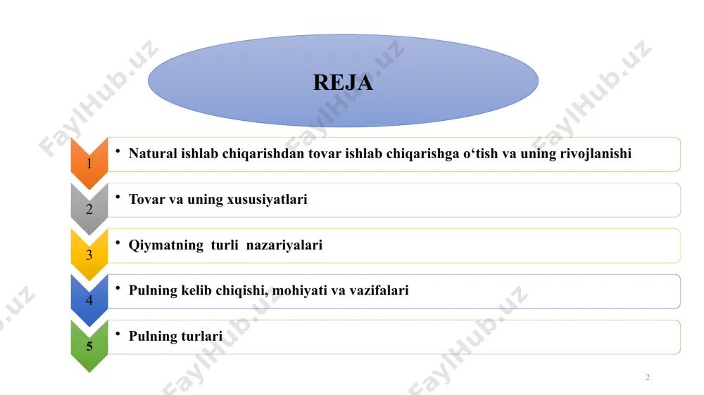 lish 2. ishlab chiqariladigan mahsulot tarkibining aniqlanishi ehtiyojlar va imkoniyatlardan kelib chiqqan holda oldindan aniqlanadi bozordagi muayyan talab va ishlab chiqaruvchining xususiiy manfaati asosida aniqlanadi 3. iste’molchini o‘ziga jalb etish uchun kurash bunday kurash mavjud emas bunday kurash mavjud va tovar xo‘jaligining rivojlanishi bilan kuchayib boradi 4. ishlab chiqarilgan mahsulotning iste’mol qilinishi darajasi barcha ishlab chiqarilgan mahsulotlar to‘laligicha iste’mol qilinadi ishlab chiqarilgan mahsulotlar ayrim turlari va qismlarining sotilmay qolishi, ya’ni iste’mol qilinmasligi 5. ishlab chiqarish jarayonida ishchi kuchining ishtirok etish tamoyillari ishlab chiqarish jarayonida faqat o‘zining va oila a’zolarining ishchi kuchidan foydalaniladi ishlab chiqarish jarayonida yollanma ishchi kuchidan ham foydalanish mumkin 8 natural va tovar xo‘jaliklarining bir-biridan farqlanishi tovar turi tovarning turi uning asosiy maqsadi va xususiyatlarini aniqlaydi. sifati sifat - bu tovarning ishlash, bardoshliligi va xususiyatlarining o'lchovidir. narxi narx - bu tovarni sotib olish uchun to'lanadigan pul miqdori. qiymat qiymat - bu xaridor uchun tovarning qanchalik muhimligi va qancha …
