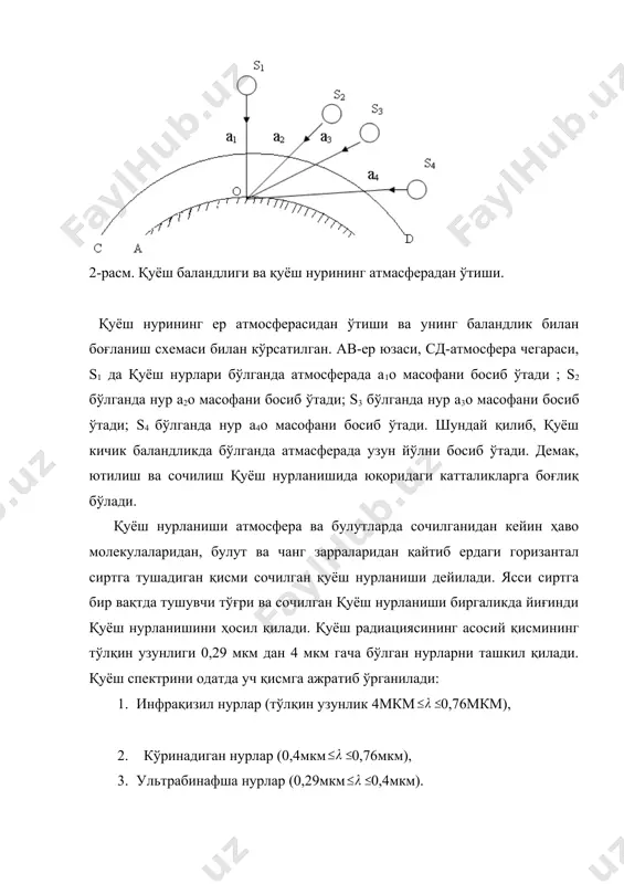 ферасидан ўтиши ва унинг баландлик билан боғланиш схемаси билан кўрсатилган. ав-ер юзаси, сд-атмосфера чегараси, s1 да қуёш нурлари бўлганда атмосферада а1о масофани босиб ўтади ; s2 бўлганда нур а2о масофани босиб ўтади; s3 бўлганда нур а3о масофани босиб ўтади; s4 бўлганда нур а4о масофани босиб ўтади. шундай қилиб, қуёш кичик баландликда бўлганда атмасферада узун йўлни босиб ўтади. демак, ютилиш ва сочилиш қуёш нурланишида юқоридаги катталикларга боғлиқ бўлади. қуёш нурланиши атмосфера ва булутларда сочилганидан кейин ҳаво молекулаларидан, булут ва чанг зарраларидан қайтиб ердаги горизантал сиртга тушадиган қисми сочилган қуёш нурланиши дейилади. ясси сиртга бир вақтда тушувчи тўғри ва сочилган қуёш нурланиши биргаликда йиғинди қуёш нурланишини ҳосил қилади. қуёш радиациясининг асосий қисмининг тўлқин узунлиги 0,29 мкм дан 4 мкм гача бўлган нурларни ташкил қилади. қуёш спектрини одатда уч қисмга ажратиб ўрганилади: 1. инфрақизил нурлар (тўлқин узунлик 4мкм 0,76мкм), embed equation.3 2. кўринадиган нурлар (0,4мкм 0,76мкм), 3. ультрабинафша нурлар (0,29мкм 0,4мкм). атмосфера ва …