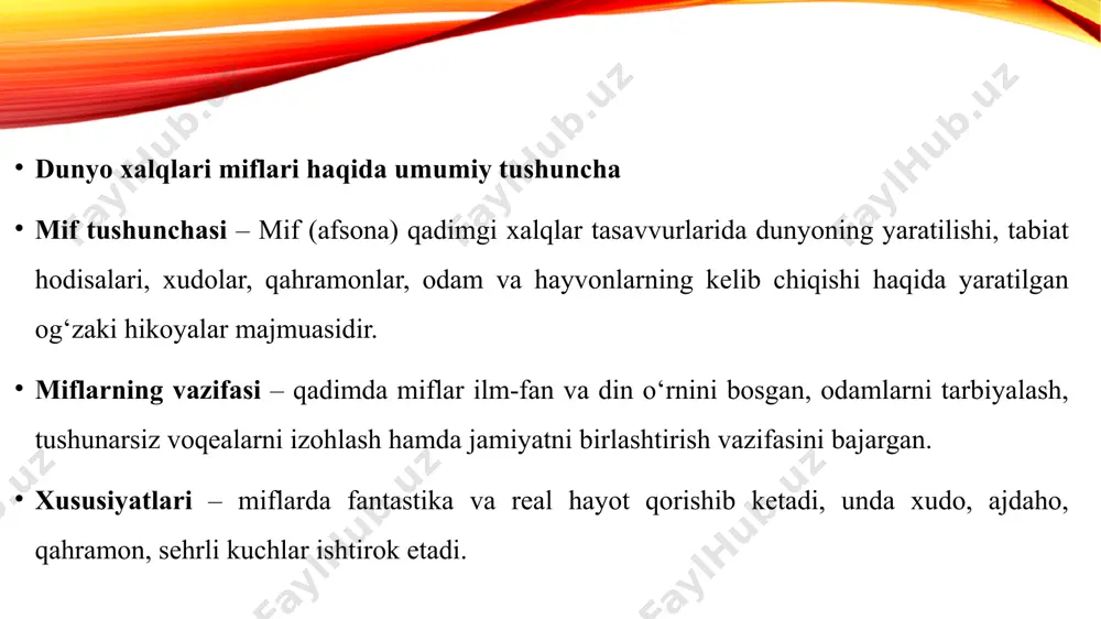 k, birlik va erkinlik g‘oyalarini ifodalagan. hind va xitoy miflari falsafiy chuqurligi bilan ajralib tursa, afrika va amerika xalqlari miflari tabiat kuchlari va ajdodlar ruhi bilan bog‘liq. shunday qilib, mifologiya – insoniyatning umumiy xotirasi bo‘lib, bugungi kunda ham madaniyat, san’at va ilm-fanda o‘z ahamiyatini yo‘qotmagan. image2.png image3.png image4.jpeg image5.jpeg image1.png /docprops/thumbnail.jpeg
