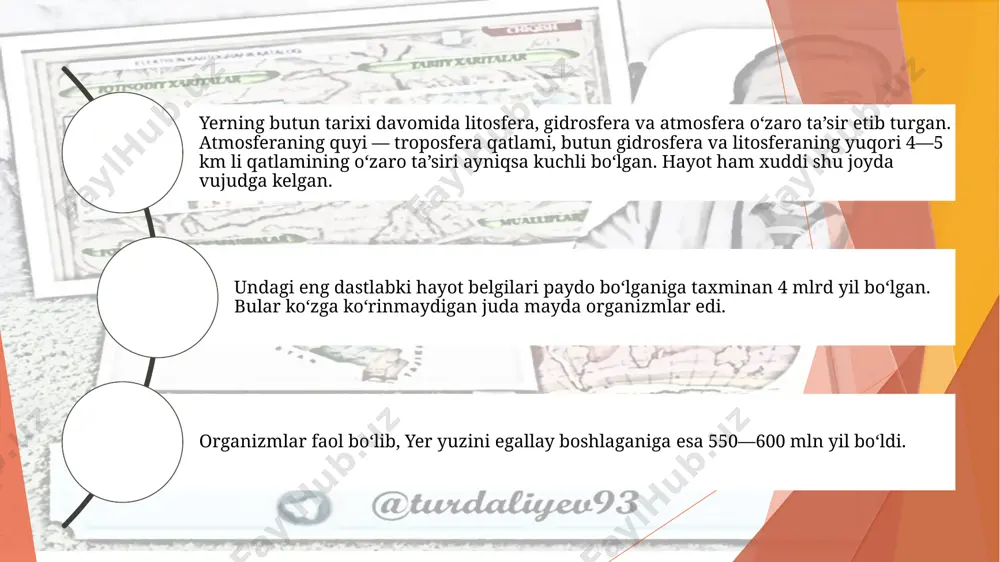 ) litosfera, atmosfera, gidrosfera d) atmosfera, gidrosfera, biosfera 3. yerda dastlabki hayot belgilari paydo bo’lganiga taxminan qancha vaqt bo’ldi ? a) 2,5-3 mln yil b) 550-600 mln yil c) 4 mlrd yil d) 5 mlrd yil 4. organizmlarning faol bo’lib yer yuzini egallay boshlaganiga qancha bo’ldi ? a) 2,5-3 mln yil b) 550-600 mln yil c) 4 mlrd yil d) 5 mlrd yil 5. biosferaning qalinligi qanchaga yetadi ? a) 5-10 km b) 10-20 km c) 20-30 km d) 30-40 km 6. organizmlar quruqlik yuzasidan necha m balandda va suv yuzasidan necha m chuqurda eng ko’p tarqalgan ? a) 50 m balandda 50 m chuqurda b) 100 m balandda 100 m chuqurda c) 150 m balandda 150 m chuqurda d) 200 m balandda 100 m chuqurda 7. agar joyda iqlim issiq bo’lsayu nam yetishmasa qanday hudud paydo bo’ladi ? a) cho’l b) dasht c) yaylov d) savanna 8. antarktidadagi o’simlik …