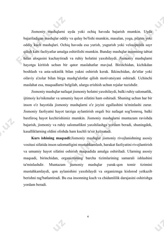 'z jismoniy qobiliyatlarini oshiradi va jarohatlarning oldini olishga yordam beradi. jismoniy mashqlar, shuningdek, metabolizmni tezlashtiradi, bu esa yog'larning kamayishida va umumiy vaznni nazorat qilishda muhimdir.jismoniy mashqlar ruhiy salomatlikni ham yaxshilaydi. mashq qilish jarayonida organizmda endorfinlar ishlab chiqariladi, bu esa kayfiyatni ko'taradi va stressni kamaytiradi. muntazam jismoniy faoliyat stressni engishda yordam beradi va depressiya xavfini kamaytiradi. shu bilan birga, jismoniy mashqlar insonning o'ziga bo'lgan ishonchini oshiradi. kurs ishining tarkibiy tuzilmasi:ushbu kurs ishi kirish qism,3 ta reja,xulosa va foydalanilgan adabiyotlardan iborat. ii.asosiy qism 1.jismoniy mashqlar – inson jismoniy rivojlanishining asosiy vositasi. jismoniy mashqlar inson organizmining barcha tizimlarini rivojlantirish va yaxshilashda muhim rol o‘ynaydi. ular nafaqat jismoniy faollikni oshirish, balki ruhiy holatni mustahkamlash va umumiy salomatlikni yaxshilash uchun ham zarurdir. jismoniy mashqlar inson jismoniy rivojlanishining asosiy vositasi sifatida uning fiziologik va psixologik holatini yaxshilashga katta hissa qo‘shadi.inson organizmining har bir tizimi – yurak-qon tomir tizimi, mushaklar tizimi, nerv tizimi va hatto immun tizimi …