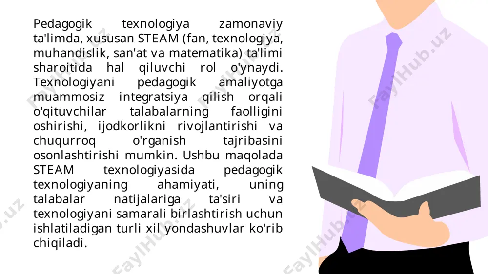 yaratish va sinab ko'rish uchun amaliy tajribalarni taqdim etadi. ushbu joylar muammolarni hal qilish ko'nikmalarini, muhandislik dizayn jarayonlarini rivojlantiradi va tadbirkorlik tafakkurini rivojlantiradi. onlayn hamkorlik va aloqa: texnologiya talabalar o'rtasida uzluksiz hamkorlik va muloqotni ta'minlaydi, sinfdan tashqari ta'limni kengaytiradi. virtual platformalar guruh muhokamalarini, tengdoshlarning mulohazalarini va global aloqalarni osonlashtiradi, madaniy almashinuv va fanlararo hamkorlikni rag'batlantiradi. steam texnologiyasi ta’limdan farqli ravishda bilimlarni alohida emas, o’zaro mutanosib holda olib borishni ta’minlab beradi. o’quvchi o’zida nostandart fikrlash, muammoga bir nechta yechim topish va ijodkorlik ko’nkmalarini shakllantiradi va bu uning kelajakdagi faoliyatida juda qo’l keladi. al-xorazmiy nomidagi it maktabning ta’lim jarayonida ham steam texnologiyasidan keng foydalanib kelinadi. bundan asosiy maqsad, o’quvchilarning darsda olgan bilimlarini amaliyotda qo’llash va hayotga tadbiq qilish imkonini yaratishdan iborat. maktabda robototexnika , sexmatexnika xonalari bilan bir qatorda steam xonasi ham mavjud bo’lib , u zamonaviy interaktiv platforma, ish qurollari, tikuv mashinalari, to’quv moslamalari , arduino platformalari va 5 xil turdagi …