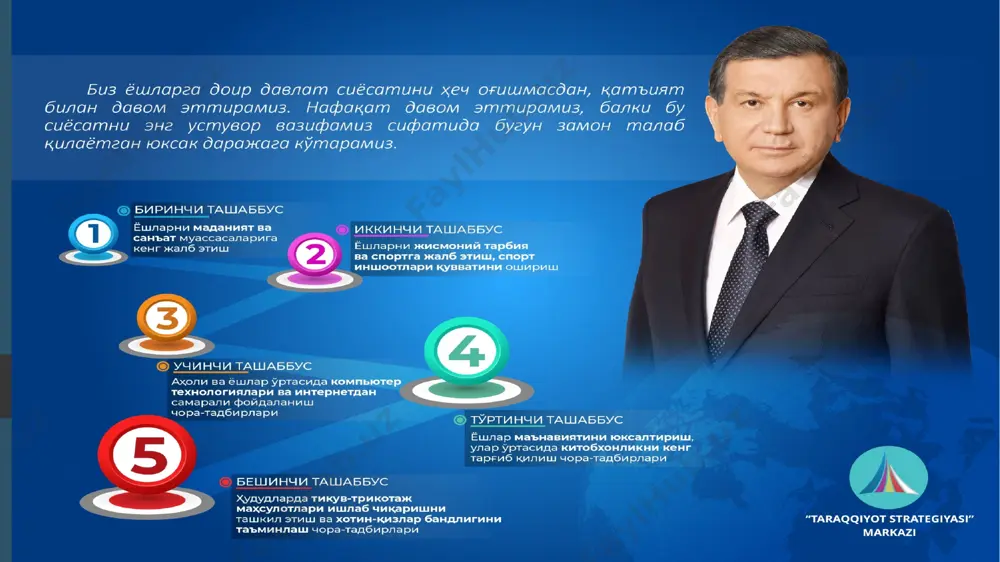 р мусиқа ва санъат мактабларида қўшимча синфлар, маданият марказларида чолғу, хонандалик, тасвирий санъат тўгараклари, ҳаваскорлик театр жамоалари ва болалар ансамблларини ташкил этиш белгиланди. янгидан қуриладиган, реконструкция ва капитал таъмирланадиган ҳамда жиҳозланадиган маданият марказлари манзилли рўйхати ҳам шакллантирилди. ёшларнинг мусиқа, рассомлик, адабиёт, театр ва санъатнинг бошқа турларига қизиқишларини оширишга, истеъдодини юзага чиқариш ижросини тизимли ташкил этиш, тўгарак ва синфларга қамраб олинган болаларни рағбатлантириш, жумладан, ҳар хил танловлар ўтказиш зарурлиги мақсад қилинди. танловларда иқтидорли ёшларни қўллаб қувватлаш, истеъдодини нафақат юртимизда, балки дунё миқёсида кўрсата олиши назарда тутилди. белгиланган қурилиш, реконструкция ва капитал таъмирлаш ишлари, шунингдек, маданият марказлари, мусиқа ва санъат мактабларини мусиқа чолғулари билан таъминлаш учун тегишли маблағ ажратиш бўйича топшириқ берилиши бу фаолиятнинг такомиллашувини ёшлар иқтидорини қўллаб қувватлашни таъминлайди. маданият вазирлиги ва халқ таълими вазирлигига ҳокимликлар билан биргаликда туман ва шаҳарларда маданият марказлари ва умумтаълим мактабларида ёшларнинг қизиқишидан келиб чиқиб, қўшимча 1,5 мингта тўгарак ташкил этиш вазифаси қўйилди. бепул тўгараклар ёшларимиз …