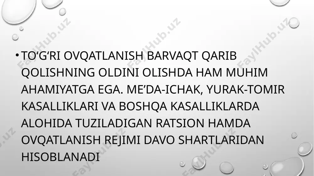 ib, maxsus parh-yez taomlar oshxonalarida tayyorlanadi. emizikli ona homiladorlik davridagiga qaraganda birmuncha koʻproq ovqat yeyishi, ichiladigan sut miqdorini oshirish, tuxum, sariyogʻ, pishloq, sabzavot, mevalarni koʻproq yeb turi-shi lozim. homilador ayol bajarayotgan ishining harak-teriga va vazniga qarab sutkasiga 100-120 g, asosan, oson singadigan va toʻla qimmatli oqsil qabul qilishi, shuning, taxminan 65 g hayvon oqsili boʻlishi, sut, tvorog, pishloq, baliq, goʻsht (goʻshtning yogʻsiz xilini qaynatib pi-shirilgan holda) isteʼmol qilish lo-zim. oʻsimlik mahsulotlari — don, dukkaklilar, kartoshka va boshqa organizmni oqsillar bilan taʼminlab turadigan qimmatli va muhim manbadir. goʻsht va balikda boʻladigan azotli estraktiv moddalar ovqatlanishda juda muhim ahamiyatga ega. goʻsht va baliq shoʻrvalarida ekstraktiv moddalar mavjudligi koʻproq hazm shiralari ishlanib chiqishi va ovqatning yaxshi hazm boʻlishiga yordam beradi. oʻsimlik mahsulotlarida organizmni energiya bilan taʼminlab turadigan uglevodlar bilan birga oziq hisoblanmaydigan uglevod — kletchatkalar ham boʻladi. kletchatka taxminan 25% miqdorida oʻzlashtirilib, ovqat ratsionida energiya manbai sifatida amaliy ahamiya-ti yoʻq. kishi har kuni …