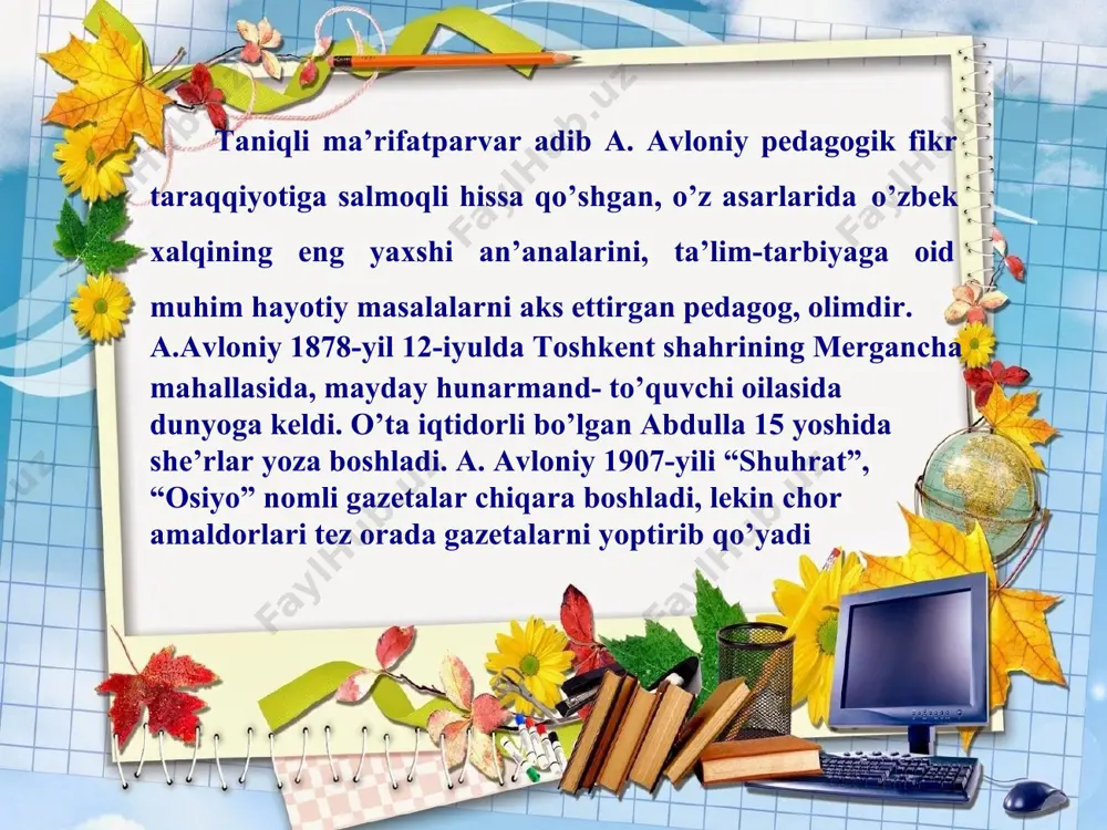 “mahbub ul-qulub”, ahmad donishning “farzandlarga vasiyat” asarlari shaklidagi o’ziga xos tarbiyaviy asardir. a. avloniy pedagog sifatida bola tarbiyasining o’rni haqida fikr yuritib: “agar bir kishi yoshligida nafsi buzulib, tarbiyasiz, axloqsiz bo’lib o’sdimi, ollohi akbar, bunday kishilardan yaxshilik kutmoq yerdan turib yulduzlarga qo’l uzatmak kabidur”, - deydi. uning fikricha bolalarda axloqiy xislatlarning tarkib topishida ijtimoiy muhit, oilaviy sharoit va bolaning atrofidagi kishilar g’oyat katta ahamiyatga ega. abdulla avloniy bola tarbiyasini nisbiy quydagi to’rt bo’limga ajratdi: 1. “tarbiyaning zamoni”. 2. “badantarbiyasi”. 3. “fikr tarbiyasi”. 4. “ahloq tarbiyasi” va bu haqida hamda unig ahamiyati haqida so’z yuritadi. “tarbiya zamoni” bo’limida tarbiyani yoshlikdan berish zarurligini, bu ishga hammani: ota-ona, muallim, hukumat va boshqalarning kirishishi kerakligini ta’kidlaydi. “al-hosil tarbiya bizlar uchun yo hayot – yo mamot, yo najot – yo halokat, yo saodat – yo falokat masalasidur” deb uqtirardi, avloniy xulosa abdulla avloniy o‘z davrining ilg‘or ma’rifatparvarlaridan biri sifatida oʻzbek xalqining ma’naviy va ma’rifiy yuksalishida …