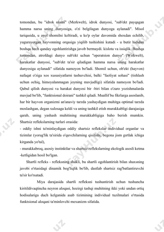 ktsional aloqani ta'minlovchi mexanizm sifatida. pavlov maktabida o'tkazilgan ko'plab eksperimental tadqiqotlar davomida shartli reflekslarni ishlab chiqish qoidalari aniqlandi: - ikkinchisining biroz kechikishi bilan dastlab befarq va shartsiz stimullarning birgalikdagi taqdimoti vaqtinchalik aloqaning paydo bo'lishiga olib keladi; - shartsiz vaqtinchalik bog'lanish orqali shartli rag'batlantiruvchi kuchlanmagan (ko'p sonli kuchaytirilmasligi natijasida), u asta-sekin sekinlashadi. o'zining evolyutsiyasida psixika bir necha bosqichlarni bosib o'tdi: sezgidan idrokgacha va undan keyin intellektual bosqichga va ongni shakllantirishgacha. shu bilan birga, ong inson psixikasining o'ziga xos xususiyati sifatida ijtimoiy mahsuldir tarixiy rivojlanish insoniyat jamiyati, uning mavjudligi ehtimoli asboblar, til elementlari, bilimlari, xulq -atvor me'yorlaridan foydalanish va ishlab chiqarish bilan bog'liq. ijtimoiy tajriba asosida inson ruhiyatining rivojlanish imkoniyatlarini tushuntirish uchun i.p. pavlov birinchi va ikkinchi signalizatsiya tizimlari tushunchalarini kiritdi. birinchi signal tizimi(lot. signum - belgi va yunoncha. systema - ulanish) - signal tizimining bir turi, hayvonlarning darhol ogohlantirishlarga yo'nalishi bo'lib, ular moslashuvchan shartli refleksli reaktsiyalar bilan bog'liq vizual, eshitish, teginish …